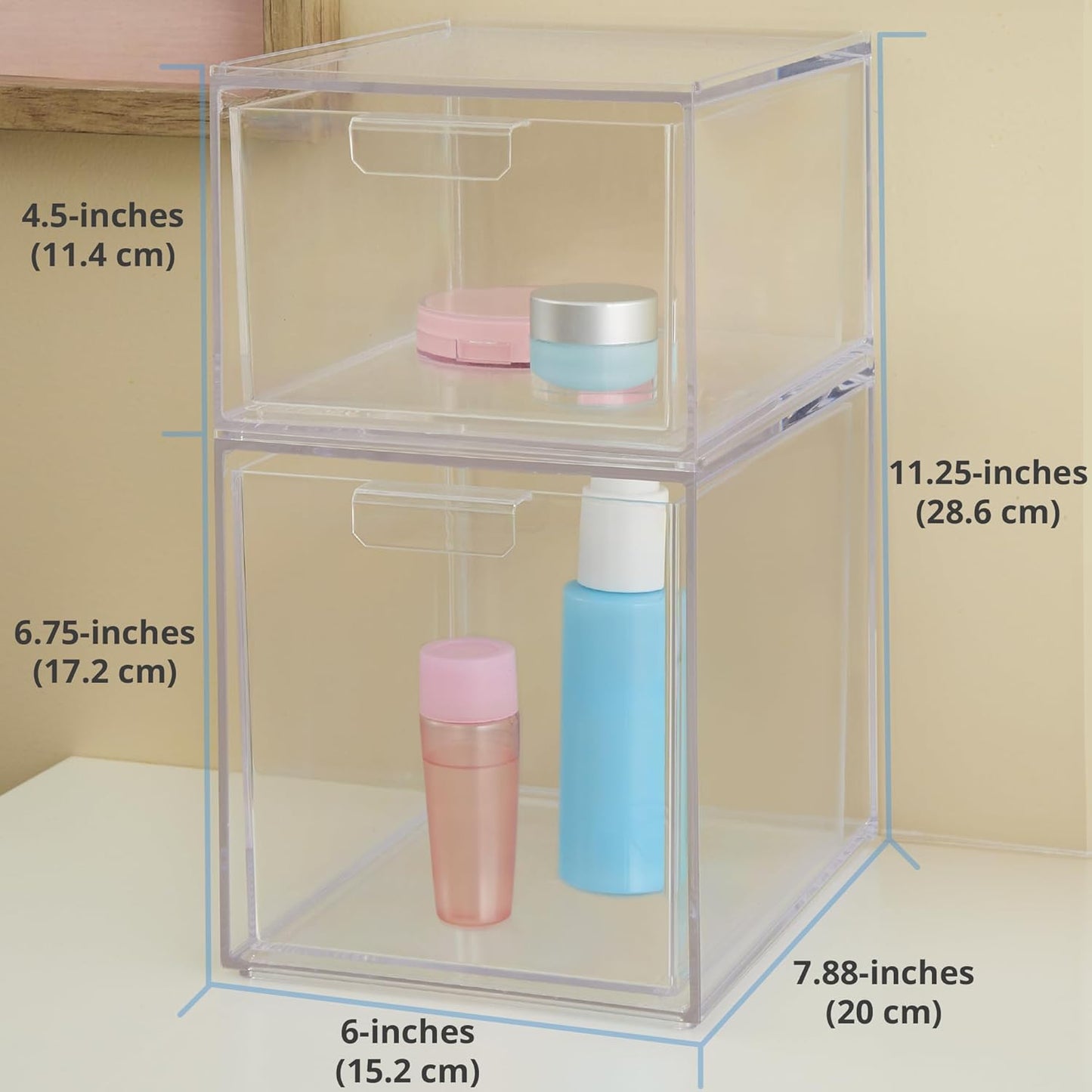 STORi Audrey Stackable Clear Bin Plastic Organizer Drawers | 2 Piece Set | Organize Cosmetics and Beauty Supplies on a Vanity | Made in USA
