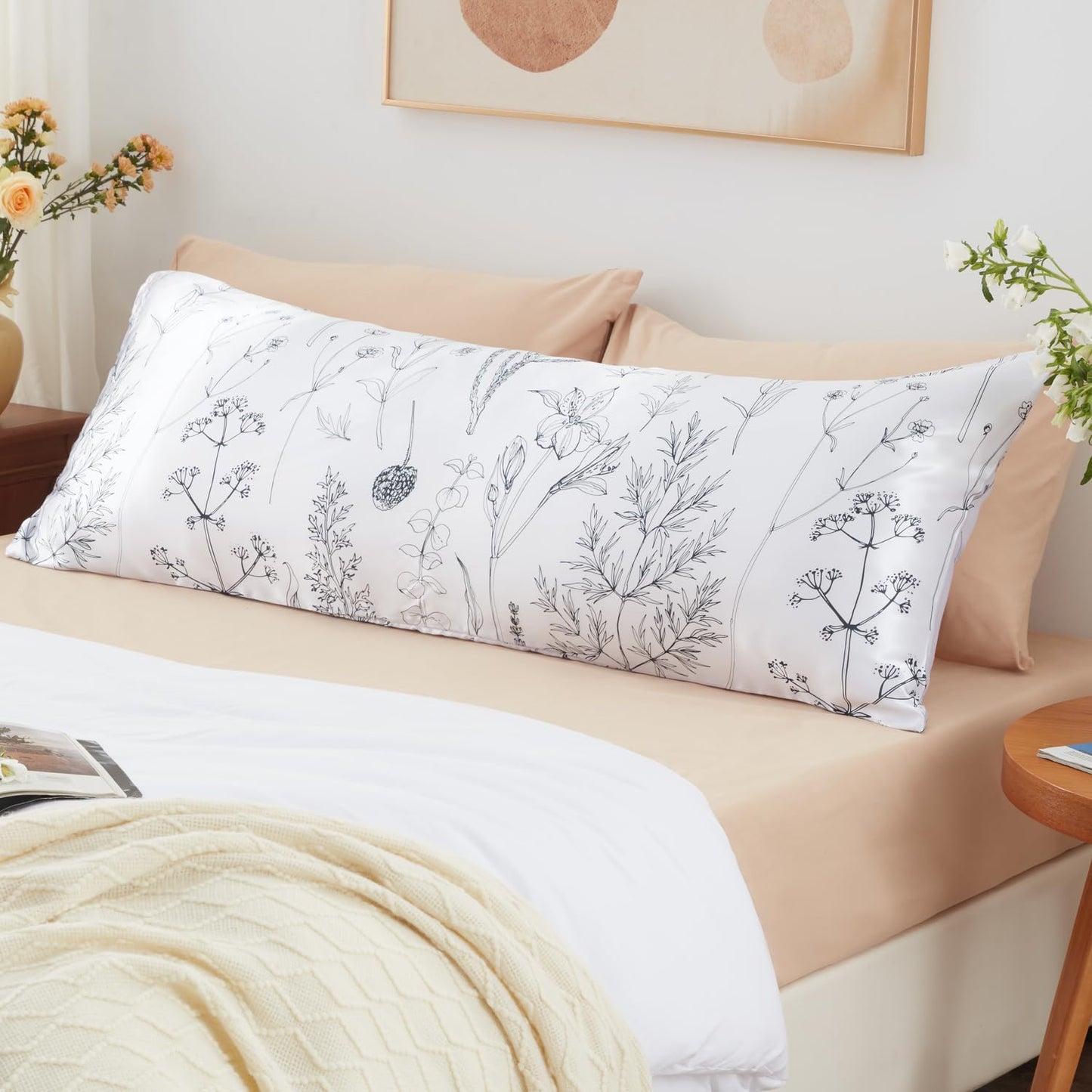 EXQ Home Satin Body Pillow Pillowcase Super Soft Silk Pillowcase, Body Pillow Cover with Envelope Closure Flowers with White Background (20"x54")