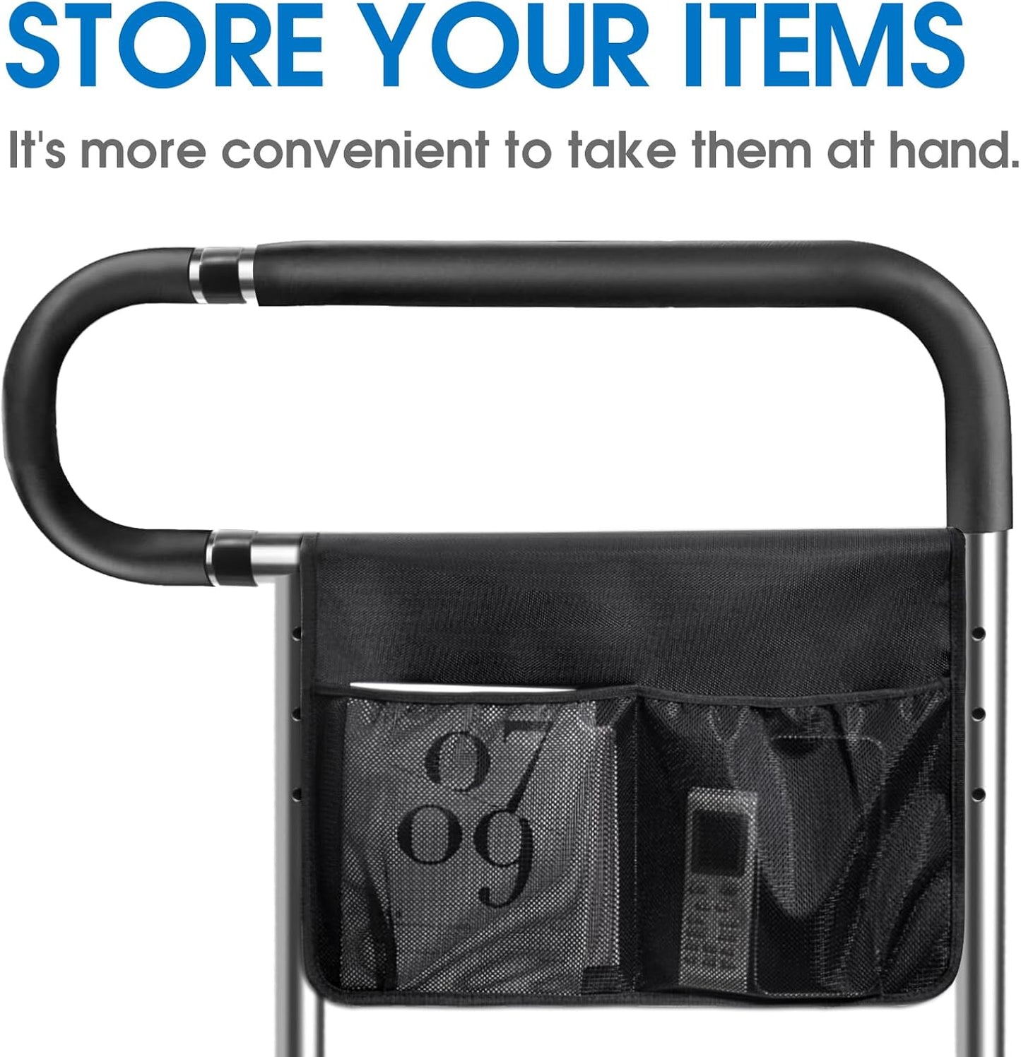 Bed Rails for Elderly Adults Safety, Stainless Steel Bed Assist Rail with Adjustable Side Railings for Seniors Bedside Fall Prevent Grab Bar with Storage Pocket,Fits King Queen Full Twin Bed