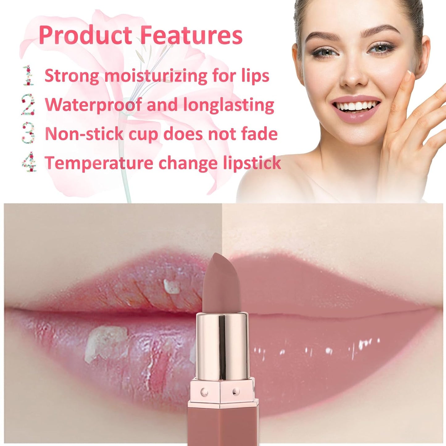 1 Pack Crystal Flower Jelly Lipstick,Magic Color Changing Lipstick,PH Clear Temperature Color Changing Lip Gloss,Lip Balm,Long Lasting Nourishing Moisturizing Lip Stick Set H03