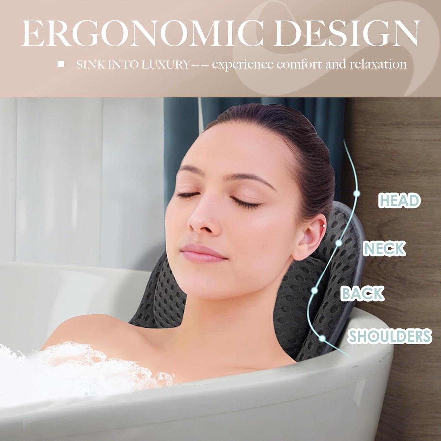 Bath Pillow for Tub, 4D Air Mesh Breathable Fabric, Soft Supportive Bathtub Cushion for Head Neck Back, Ergonomic Spa Pillow with Strong Suction Cups, Quick-Drying, Machine Washable (Black)