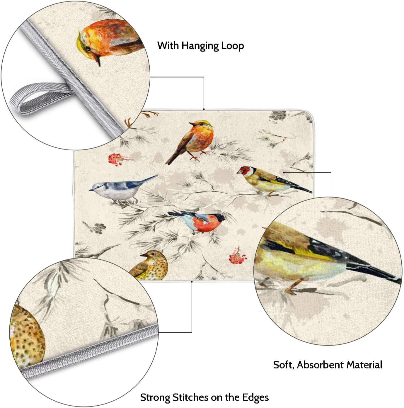 Hexteria Vintage Birds Dish Drying Mat for Kitchen Counter, Absorbent Reversible Microfiber Dish Drying Pad Kitchen Drying Mat for Home Decor, 16 x 18 inch