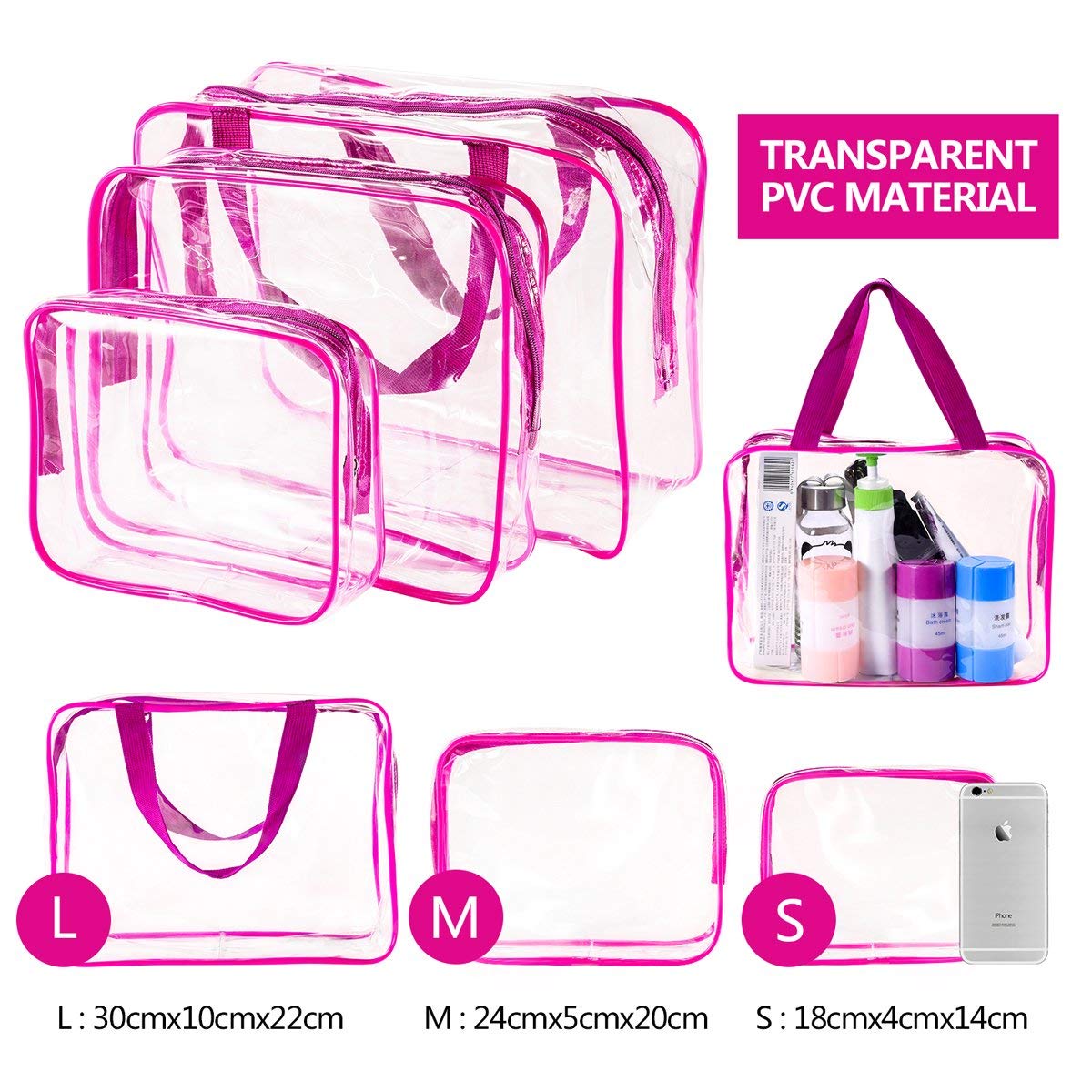 6Pcs Crystal Clear PVC Travel Toiletry Bag Kit for Women Men, Waterproof Vinyl Packing Organizer Storage Bags with Zipper Handle Straps, Cosmetic Pouch Carry on Airport Airline Compliant Bag Handbag