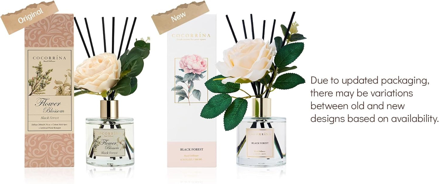 Cocorrina Reed Diffuser Set, Flower Reed Diffuser Black Forest 6.7 oz, Scented Diffuser with Sticks Home Fragrance Essential Oil for Bathroom Shelf Decor, Living Room, Large Room, 1pack