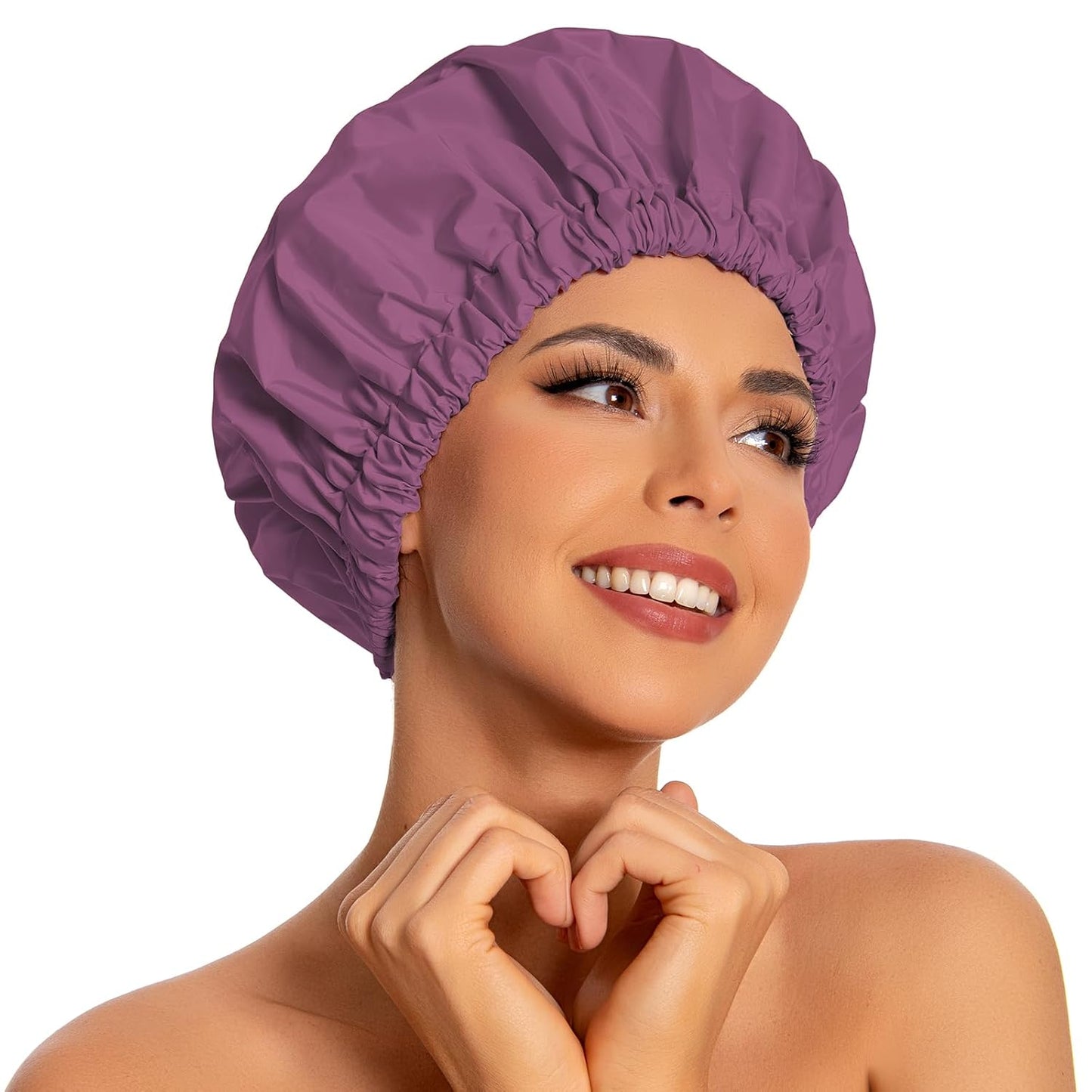 Reusable Shower Cap for Women, Large Waterproof Shower Essentials Bonnet Washable Elastic Band Bath Hair Wrap Hat for Long Hair, Braids(Leather Purple)