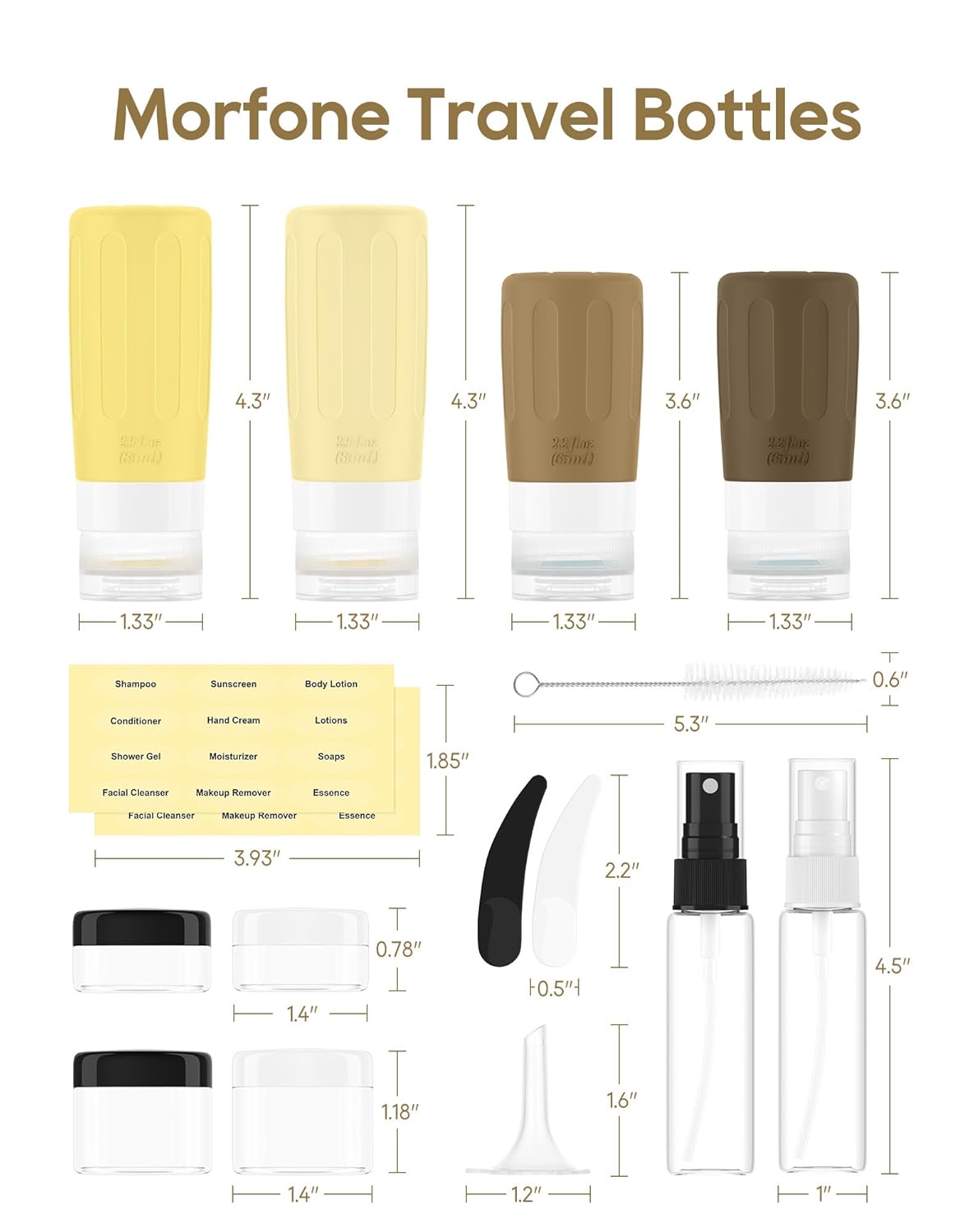 Morfone 16 Pack Silicone Travel Bottles Set for Toiletries TSA Approved Travel Containers Leakproof Squeezable Refillable Accessories 2oz 3oz for Shampoo Conditioner Lotion Liquids (Brown Yellow)
