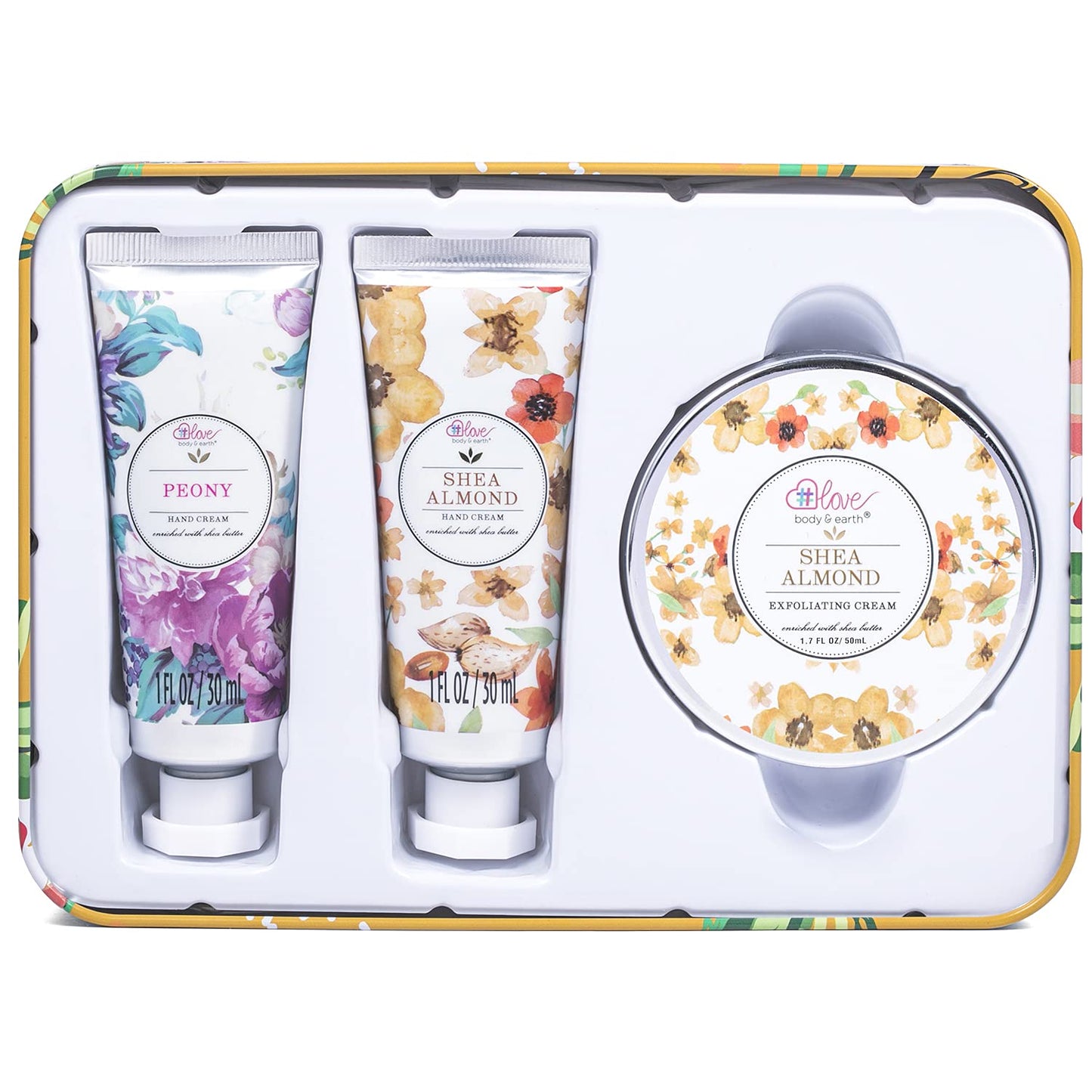 BODY & EARTH # LOVE Hand Cream Gift Set, Hand Lotion Sets for Mothers Day Gifts, Hand Care Set with Shea Butter, Travel Size Lotion Set for Women, 2 Hand Cream & Exfoliating Cream, Birthday Gifts Box