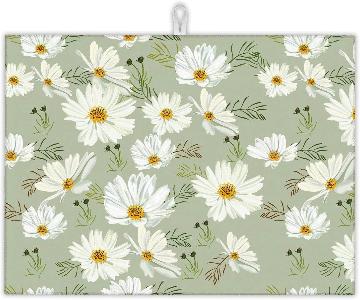 White Daisy Flowers Dish Drying Rack Mat for Kitchen Counter, Dish Drying Pad Absorbent Reversible Microfiber Protector for Coffee Bar Sink Countertops 18x24 Inch