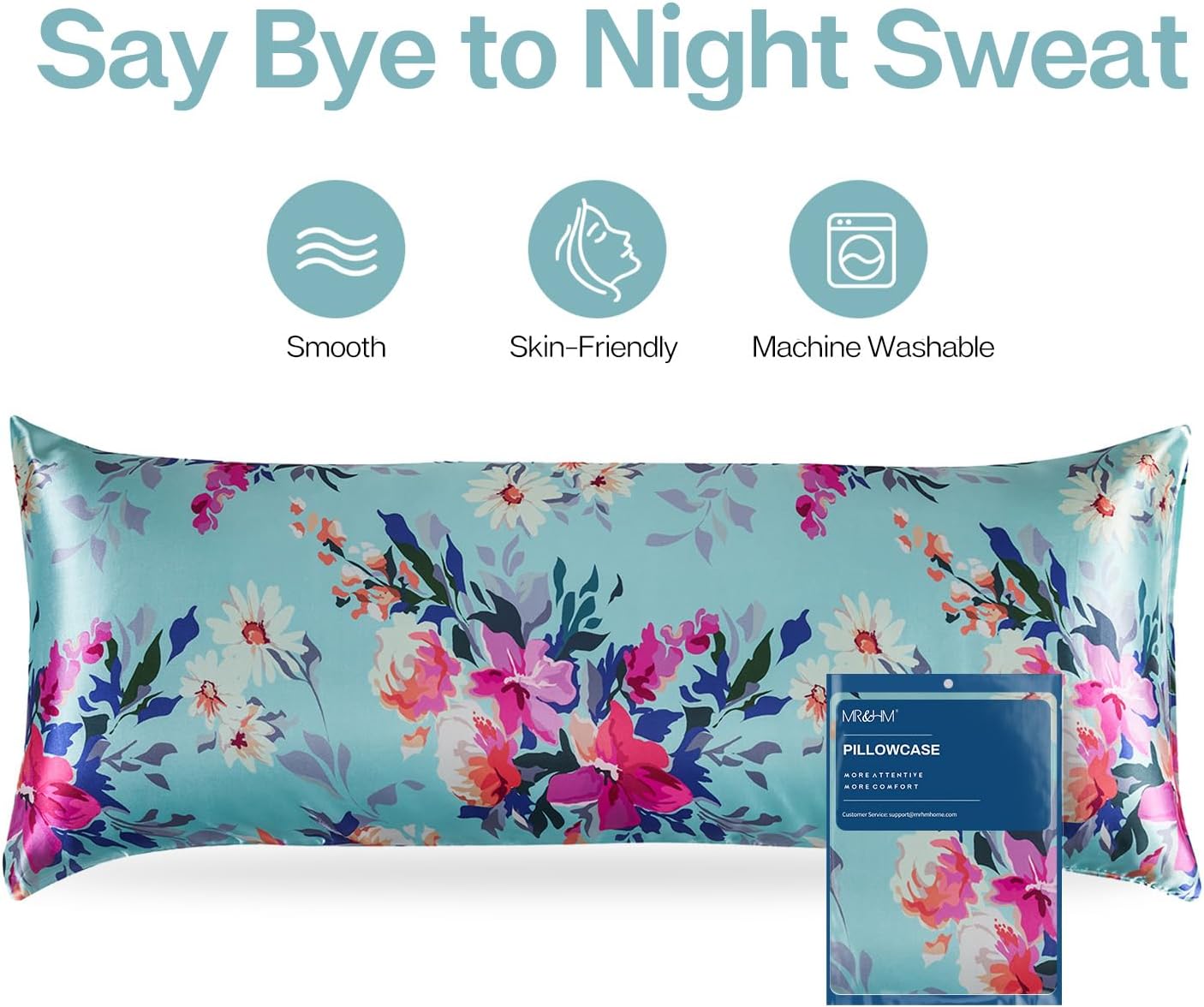 MR&HM Satin Body Pillow Cover, Soft and Breathable Body Pillow Case with Envelope Closure, Cooling and Silky Long Pillowcase for Hair and Skin,Grey (20x54, Floral Green)