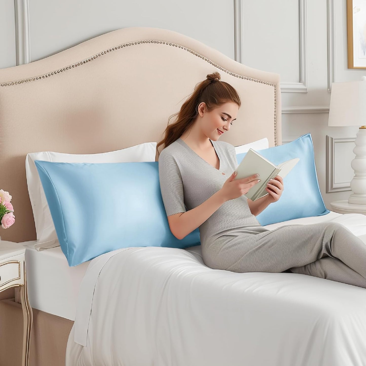 INFIIXSO Body Pillow Cover with Zipper, Luxury Mulberry Silk Body Pillow Case 20x54 Inches, Ultra Smooth and Soft Cooling Long Pillowcase, Gift for Women, Men(Light Blue)