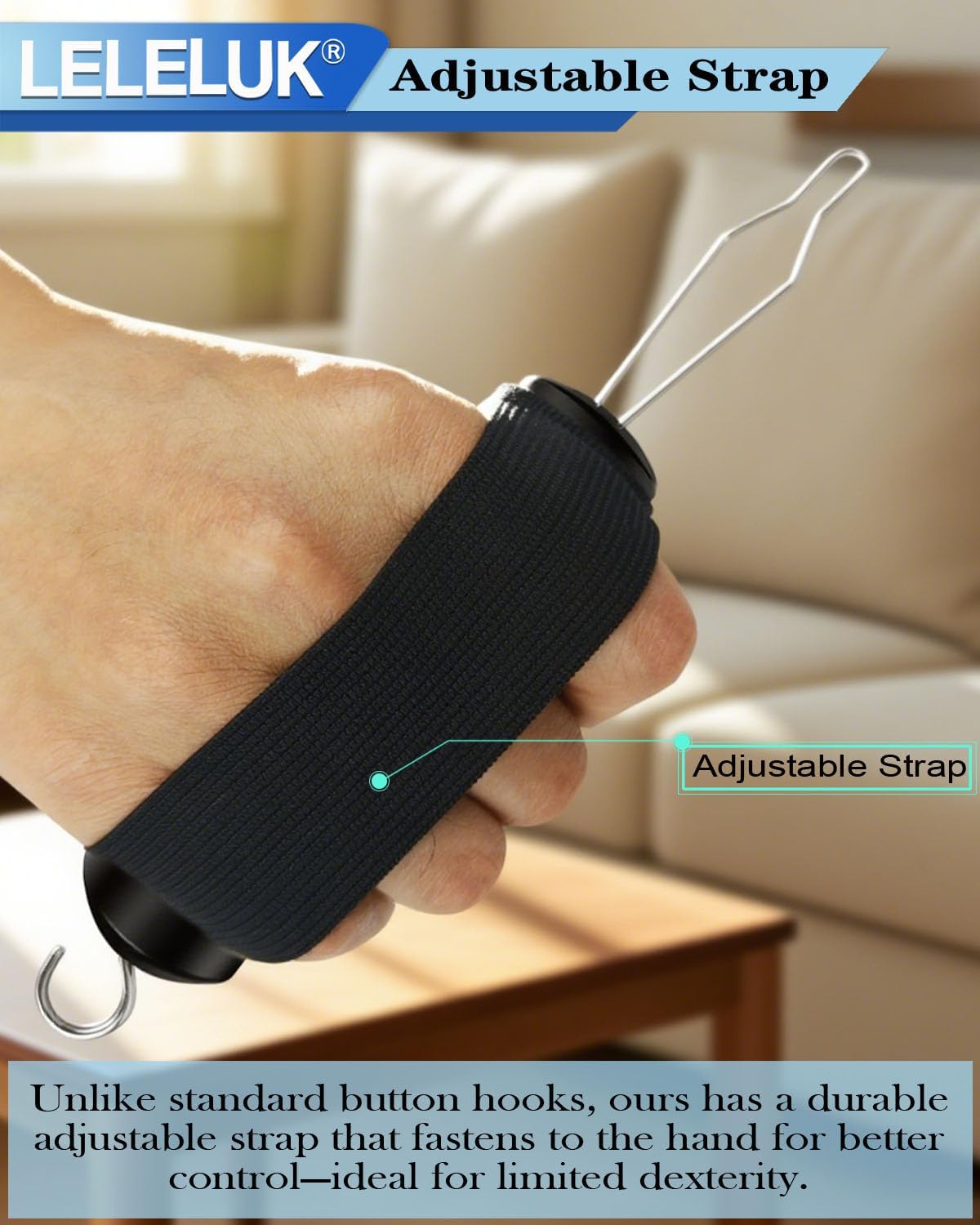 Button Hook and Zipper Pull with Strap for One-Handed Dressing - Adaptive Clothing Aid for Seniors, Disabled, Arthritis - Non-Slip Ergonomic Handle for Easy Buttoning - Portable Dressing Tool