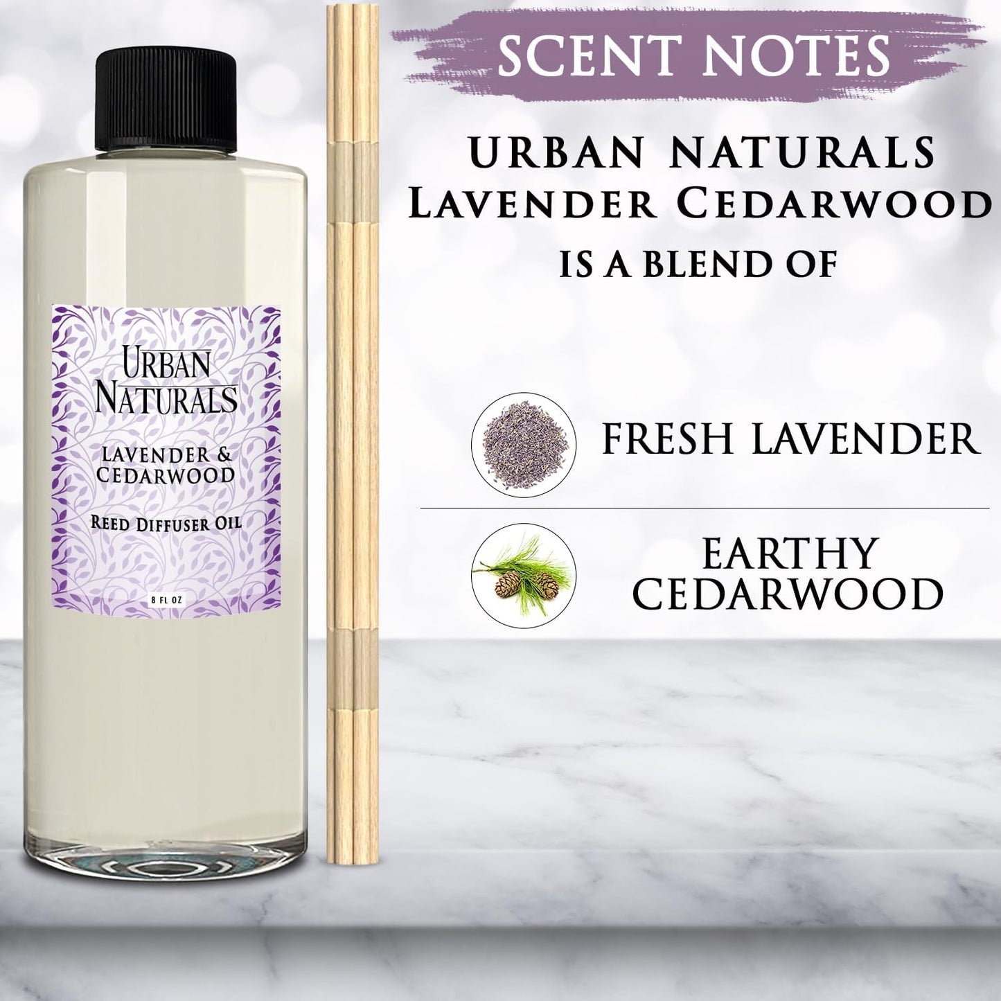 Urban Naturals Reed Diffuser Oil Refill Lavender Cedarwood with Warm Wood, Spa-Inspired Notes 8 oz + Free Reed Sticks, Made in The USA