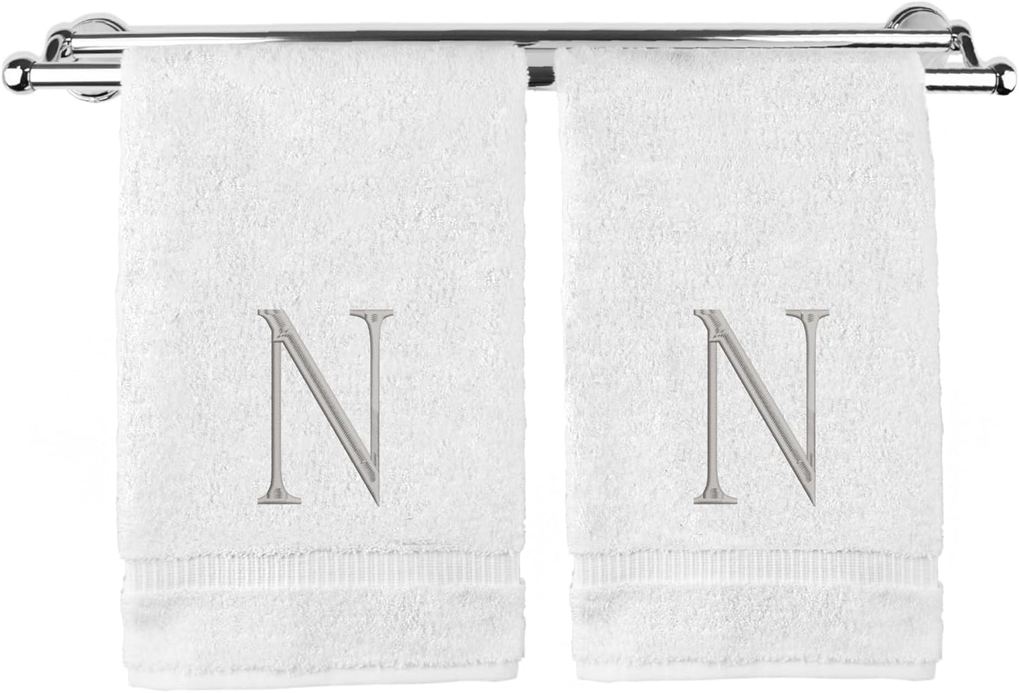 Monogrammed Hand Towel, Personalized Initial Gift, Extra Absorbent 100% Turkish Cotton - Soft Terry Finish - Set of 2 - Silver Block Initial N - Embroidered on White Towels