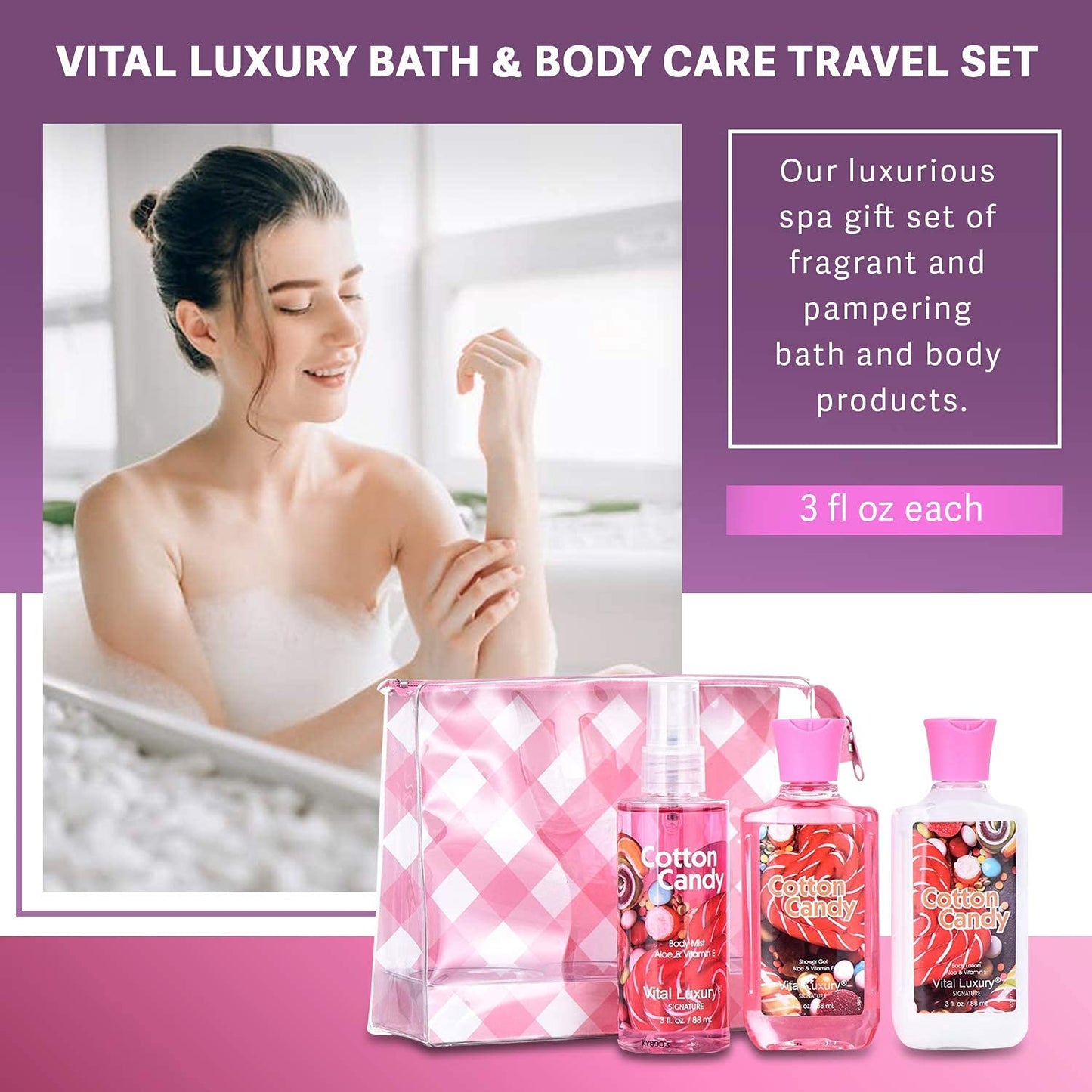 Bath & Body Travel Gift Set Cotton Candy Scented 3pcs Travel Size Shower Gel Body Lotion Fragrance Mist Christmas Birthday Gift TSA-Friendly for On-the-Go Self-Care