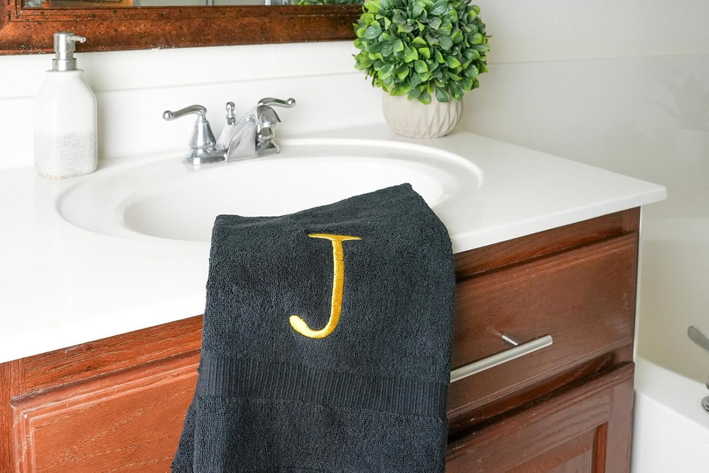 Black, Letter Hand Towel for Bathroom - Monogrammed Initial Hotel Quality Decorative Embroidered Towel for Powder Room, Spa - GOTS Organic Certified - Pack of 2, Letter J