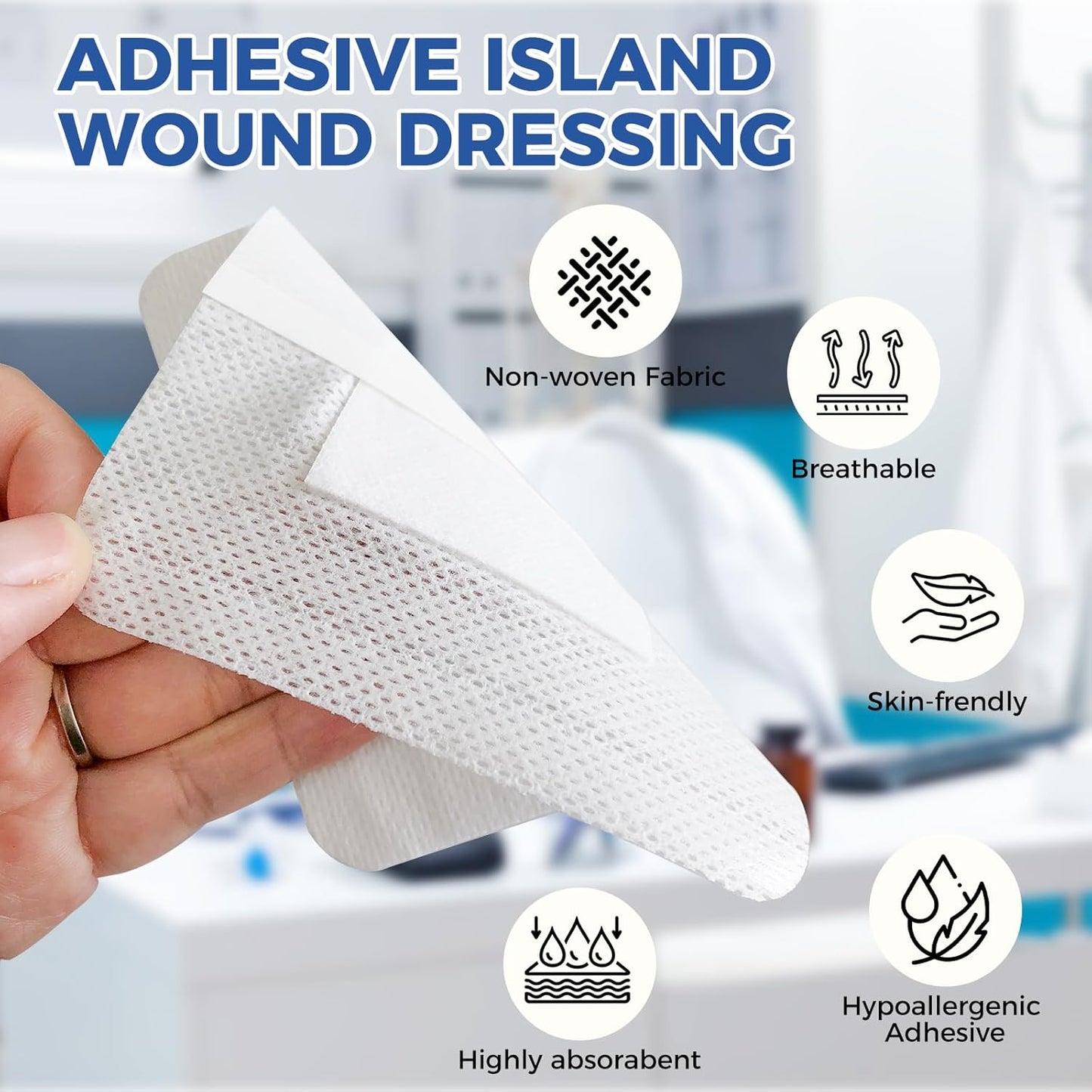 Island Dressing Bordered Gauze 4"x4", 50 Individually Packed Non-Stick Pad in Center with Adhesive Border,Soft Absorbent Medical Grade Dressing Gauze Pad for Wound Care and First Aid