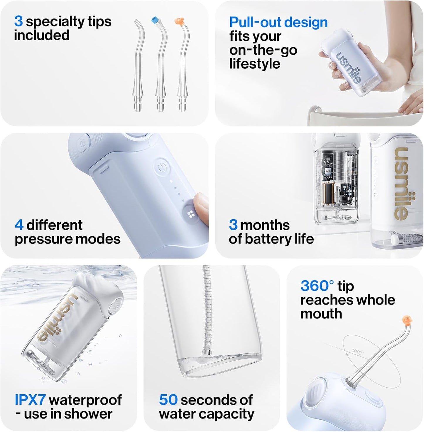 usmile C10 Portable Water Flosser – Travel-Friendly, 95-Day Battery, 4 Modes, 360° Nozzle, 180ml Tank, IPX7 Waterproof, Dentist-Recommended for Braces, Implants & Sensitive Gums (Blue)