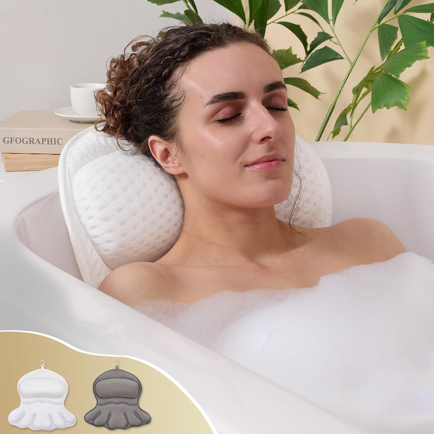 Bath Pillow Luxury Bathtub Pillow, Extra Soft & Comfortable Bath Pillows for Tub Head Neck and Back Support, with 4D Air Mesh Cushions & Non-Slip Suction Cups - Bath Accessories Spa Gifts for Women