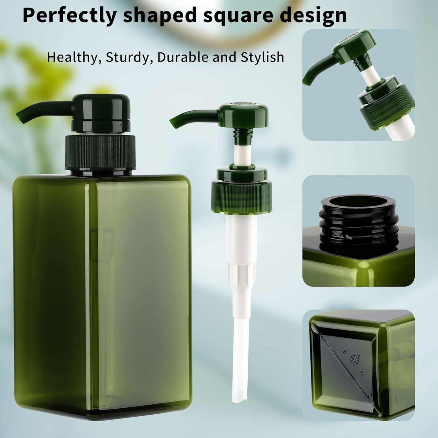 450ml (15.2oz) Pump Bottle Dispenser Jansburg 2Pack Refillable Square Plastic Lotion Dispenser Empty Lotion Pump Bottle for Essential Oil Soap Lotion Shampoo, Bathroom/Kitchen/Travel Green