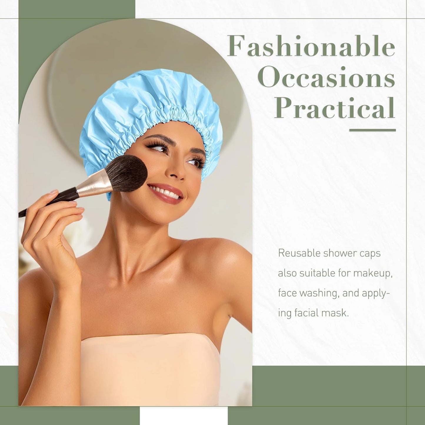 Reusable Shower Cap for Women, Large Waterproof Shower Essentials Bonnet Washable Elastic Band Bath Hair Wrap Hat for Long Hair, Braids(Light Blue)