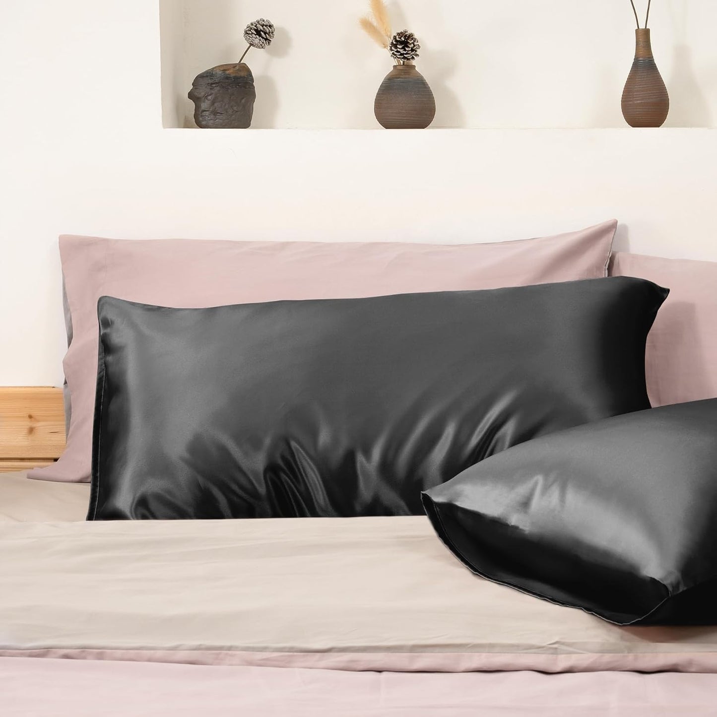 EXQ Home Silky Satin Pillowcase for Hair and Skin,Pillow Cases Standard Size Set of 2 Satin Pillow Case 2 Pack with Envelope Closure Black (Standard)