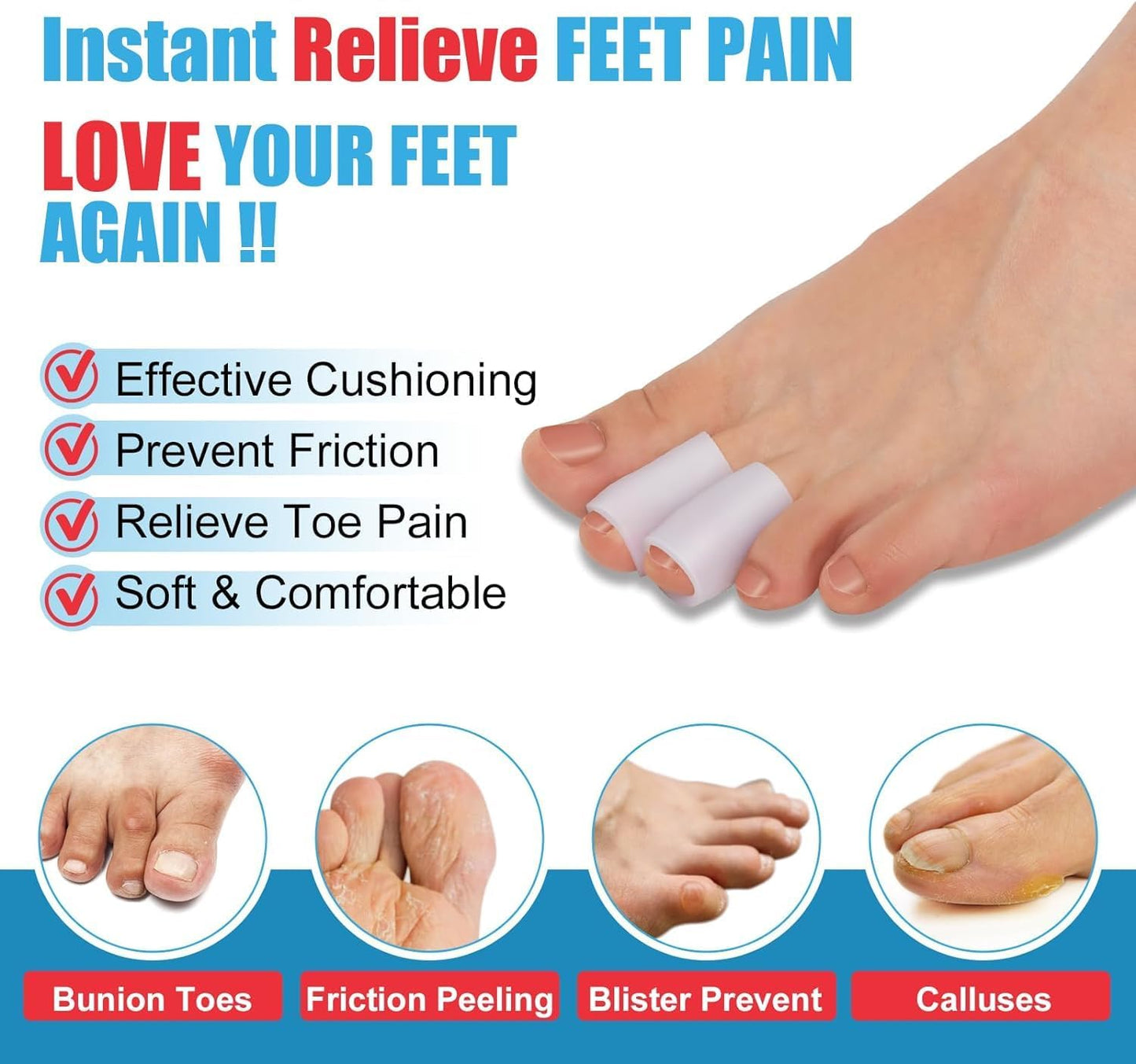 Pnrskter Gel Toe Protectors Caps - Open Toe Sleeves(20pcs-Medium), Toe Covers Toe Tubes for Blisters, Corns, Calluses, Hammer Toes, Rubbing, and Ingrown Toenails