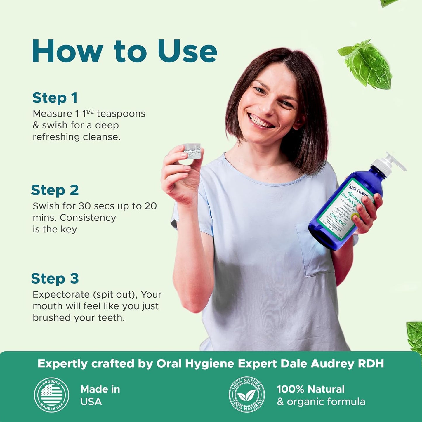 Natural Oil Pulling for Teeth and Gums | Organic Mint Flavored Oral Rinse Mouthwash for Bad Breath | Essential Oil & Teeth Whitening Gum for Freshen Breath | Cobalt Glass Bottle with Refill-16 FL Oz