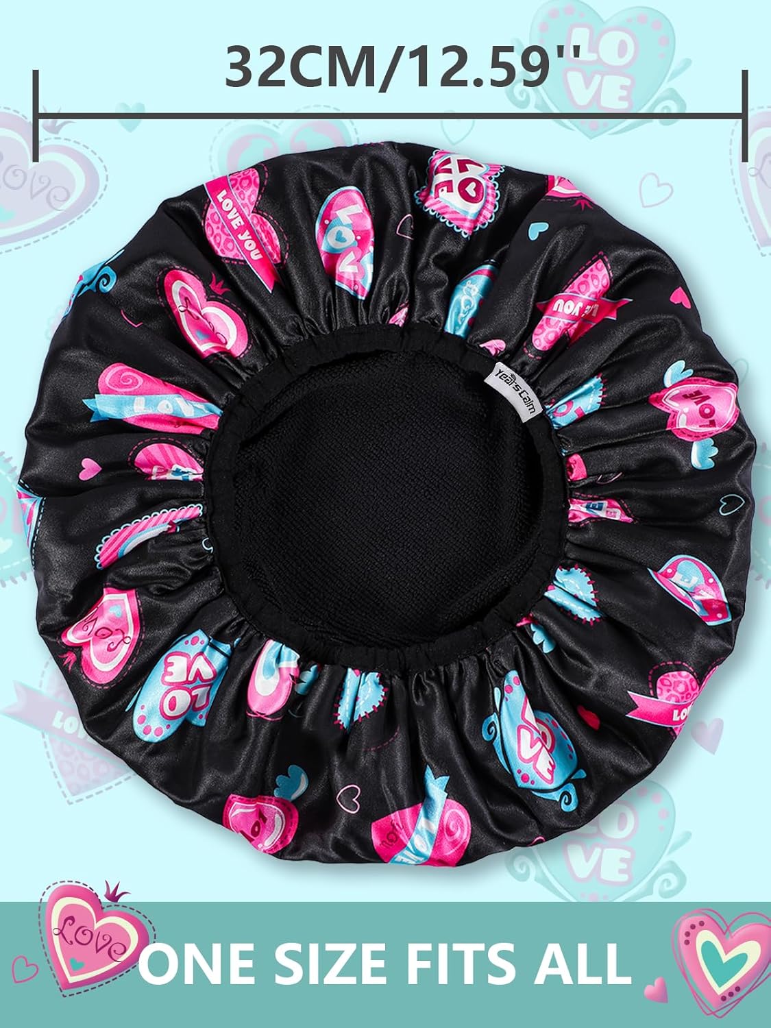 Years calm Terry Lined Shower Cap, Triple Layer Heart Motifs,Waterproof Reusable Elastic,Hair Shower Cap for Women,Terry Cloth Shower Caps for Spa,Clean,Trave (Black, One Size)