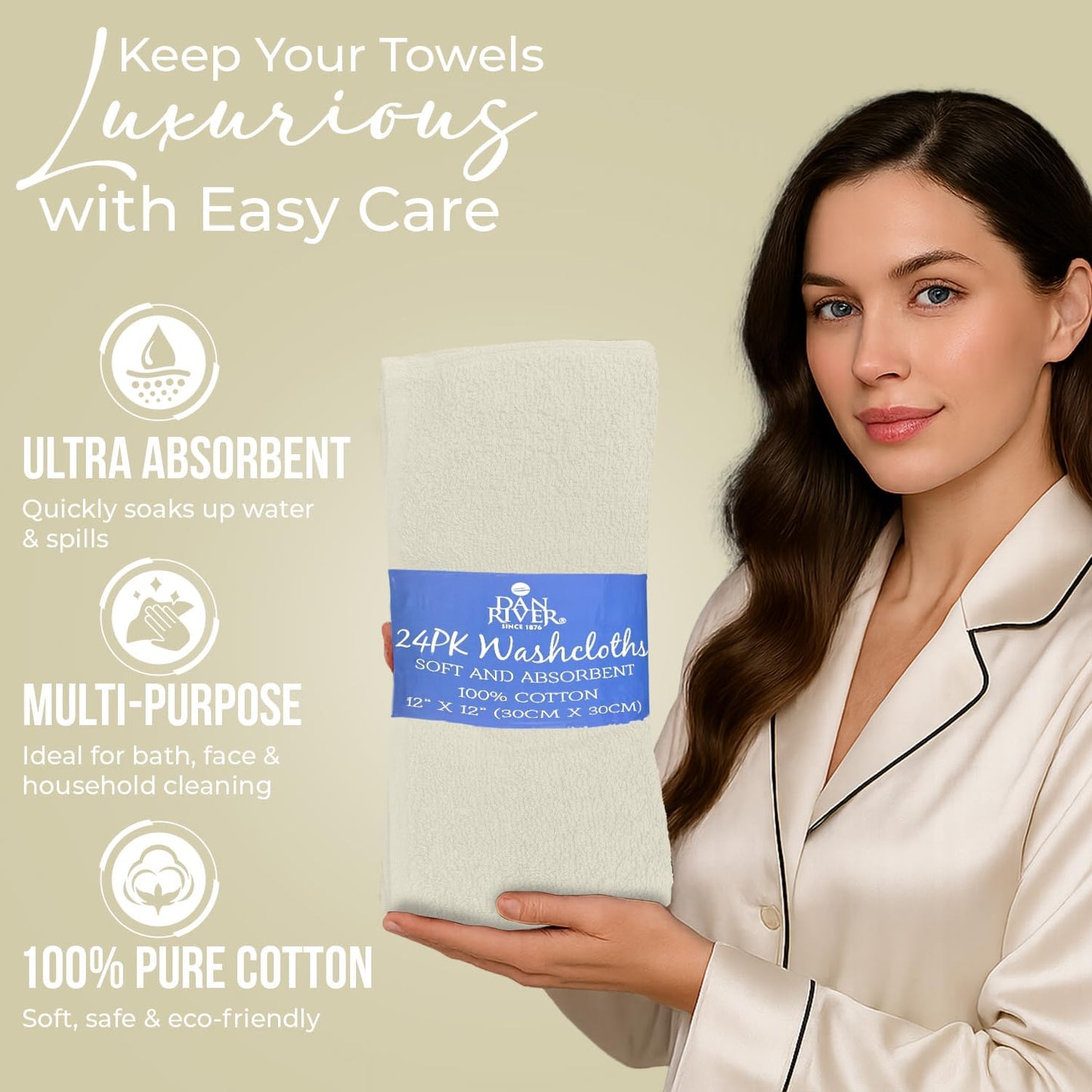 DAN RIVER 100% Cotton Wash Cloths 24 Pack [12x12] Soft & Absorbent face Towels for Bathroom, Gym, Hotels & Spa Perfect for Everyday Use Fingertip Towels, Ivory
