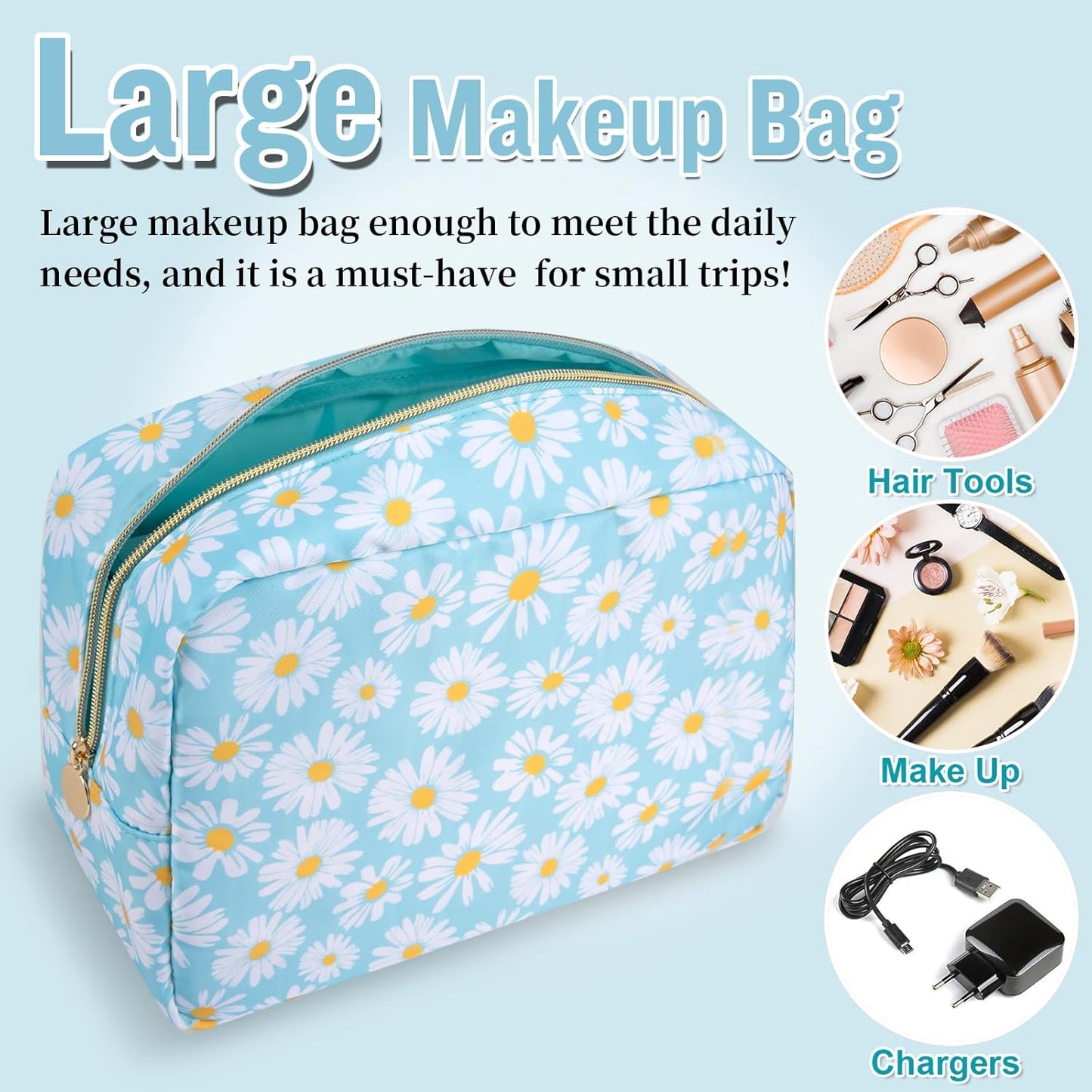 Nylon Large Floral Makeup Organizer Bag, Preppy Big Cute Flower Cosmetic Zipper Pouch Multi-compartment with Dividers, Waterproof Toiletry Make Up Brushes Bag Travel Essentials for Women(Blue-Daisy)