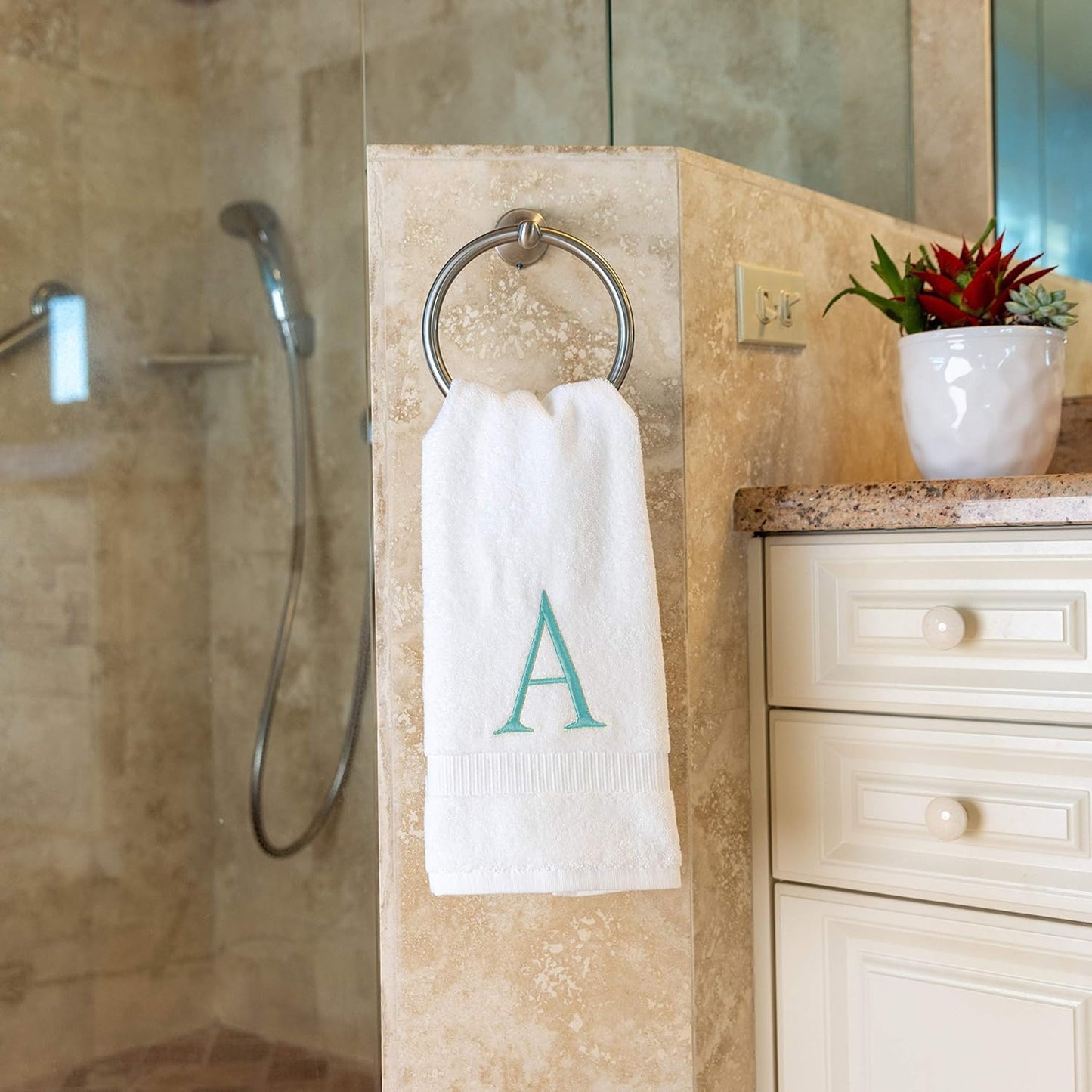 Teal Monogrammed Hand Towels for Bathroom - Teal and White Luxury Hotel Quality Personalized Initial Decorative Embroidered Towel for Powder Room, Spa - GOTS Organic Certified - Set of 2 Letter A