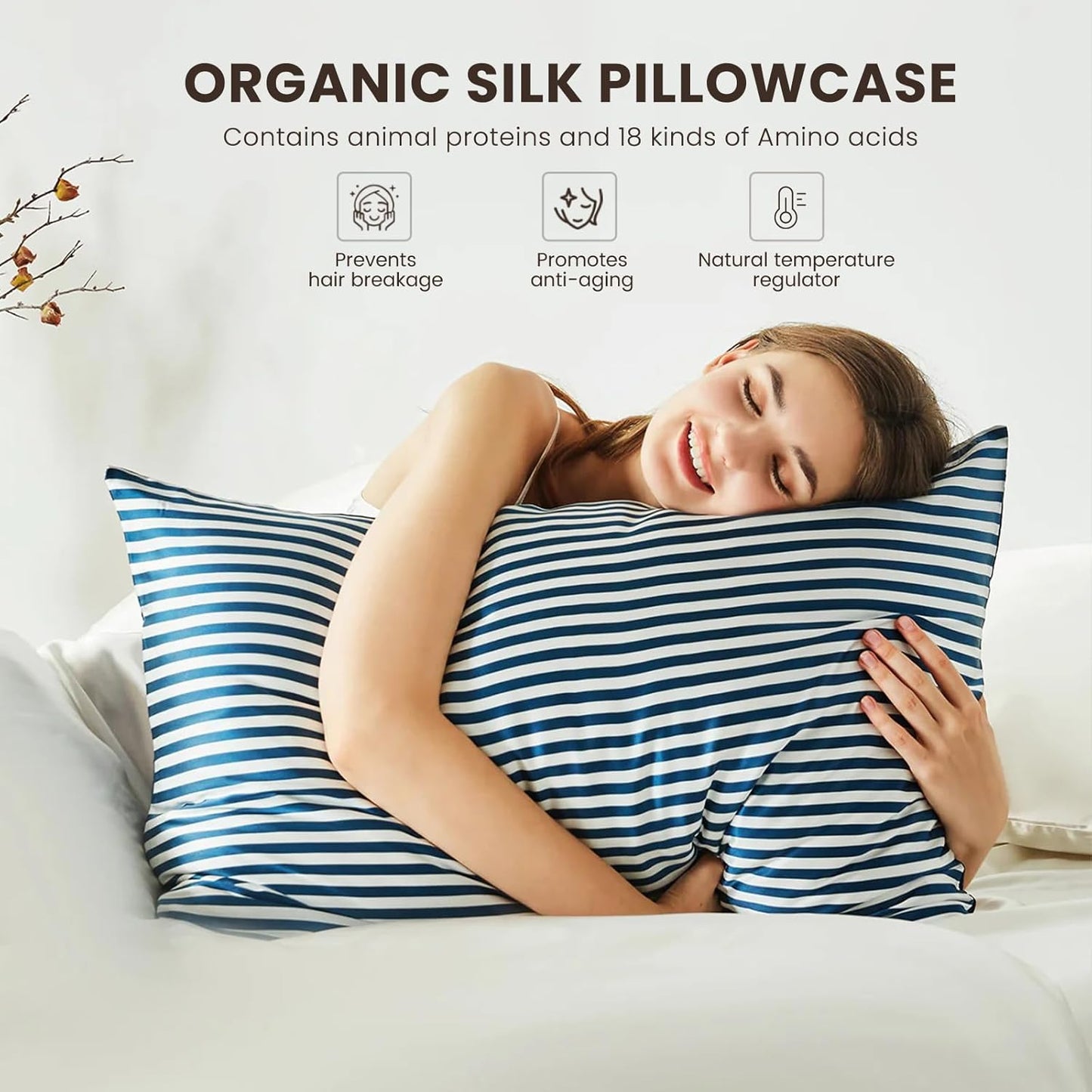 THXSILK Mulberry Silk Pillowcase for Hair and Skin Health, Grade 6A+ Mulberry Silk Pillowcase with Hidden Zipper, Soft and Breathable, 1pc (Standard 20"x26", Blue White Stripes)