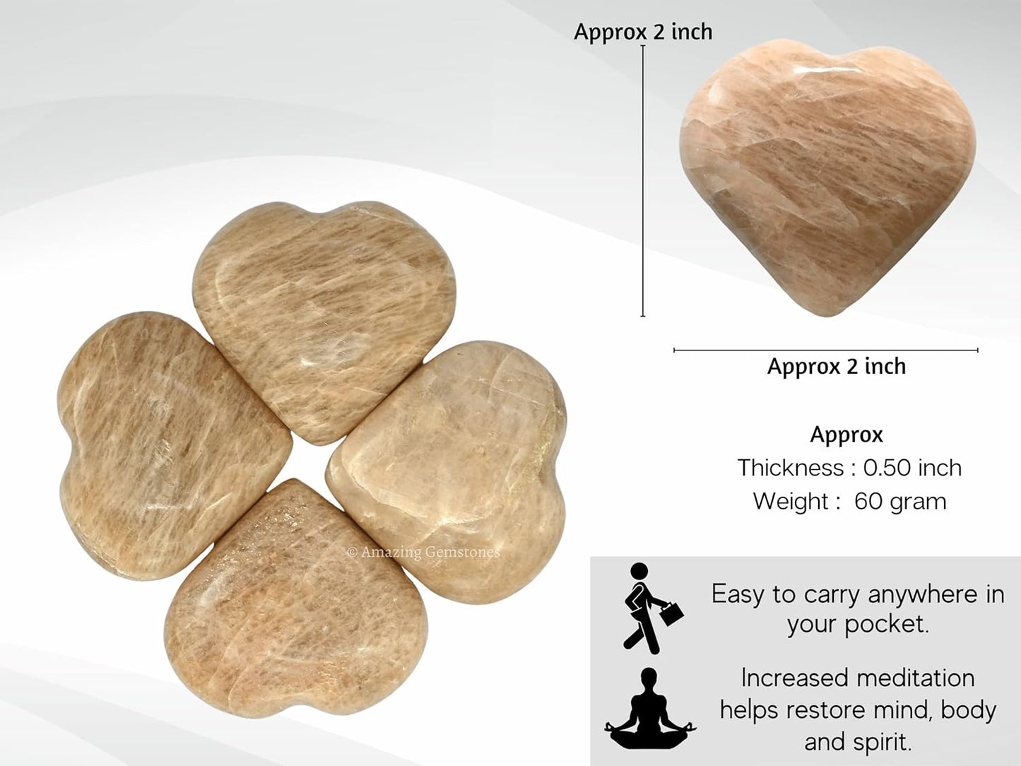 Amazing Gemstone Cream Moonstone Crystal Heart Palm Stone - Pocket Massage Worry Stone for Natural Body Chakra Balancing, Reiki Healing and Crystal Grid