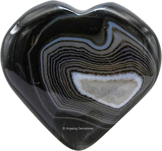 Amazing Gemstone Black Onyx Agate Crystal Heart Palm Stone - Pocket Massage Worry Stone for Natural Body Chakra Balancing, Reiki Healing and Crystal Grid