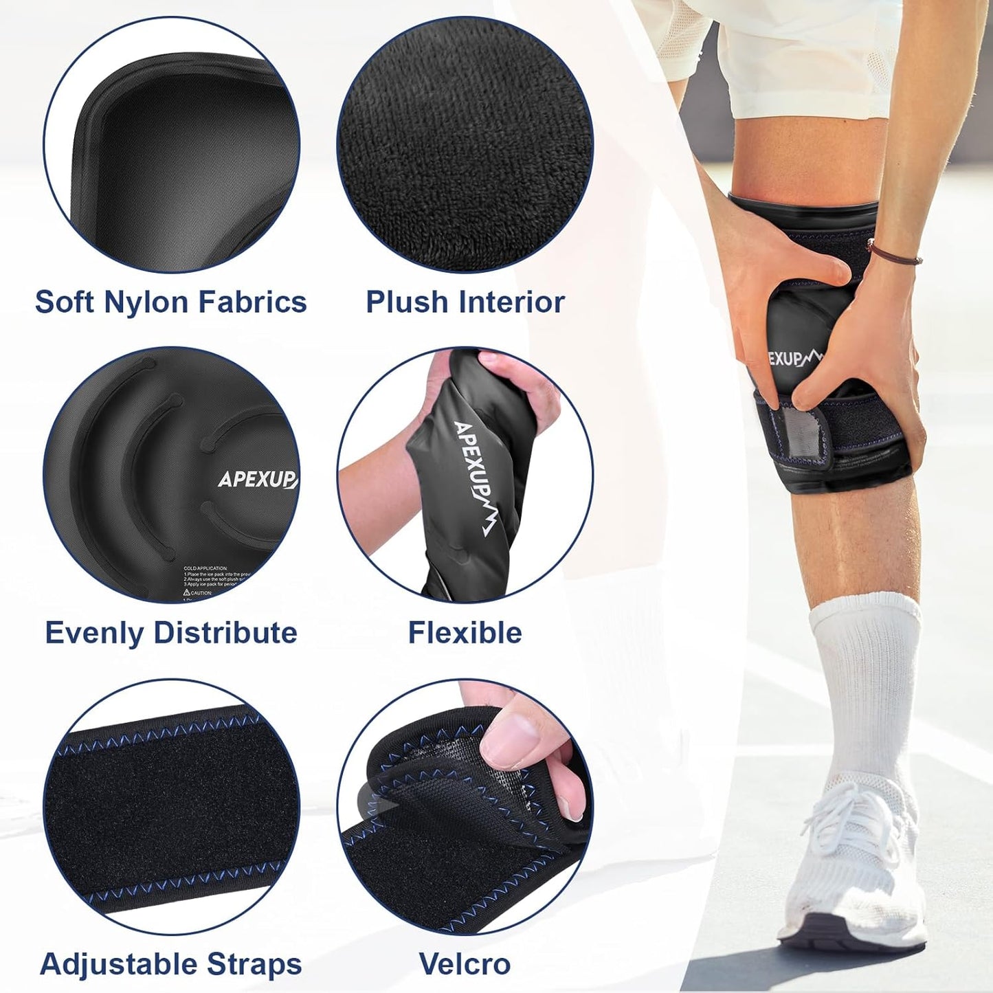APEXUP Ice Pack for Knee Pain Relief, Large Reusable Wrap After Surgery, Flexible Gel Cold Pack for Injuries, Pain Relief for Back, Shoulder, Elbow, Ankle and Leg (Black, XXL, 2PK)