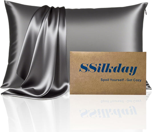 Mulberry Silk Pillow Cases with Zipper, Ultra Smooth Soft Breathable Cooling Pillow Cases for Hot Sleepers, Silk Satin Pillowcase for Hair and Skin, Gifts for Women (Dark Grey, Standard Size, 1 Pack)
