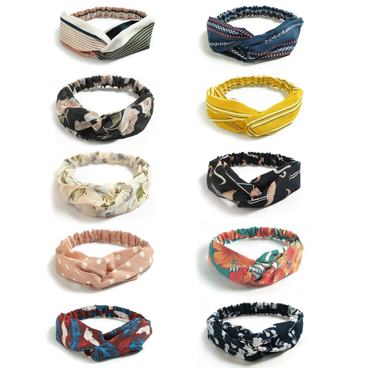 DRESHOW 10 Pack Boho Headbands for Women Girls Criss Cross Elastic Hair Band Twisted Head Wrap Floral Hair Accessories