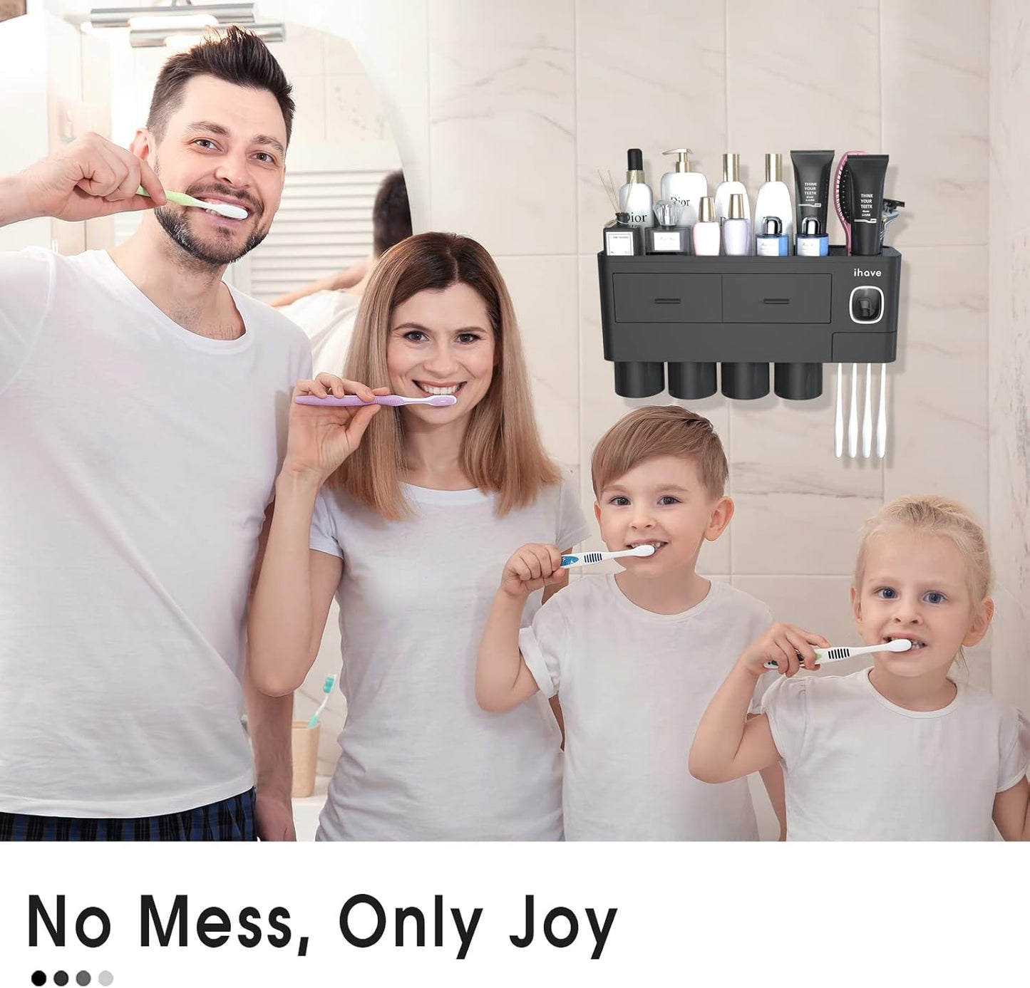 iHave Toothbrush Holders for Bathrooms, 4 Cups Toothbrush Holder Wall Mounted with Toothpaste Dispenser - Large Capacity Tray, 2 Cosmetic Drawer - Bathroom Storage & Bathroom Organizer