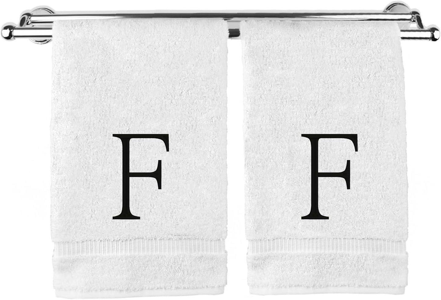 Monogrammed Hand Towel, Personalized Initial Gift, Extra Absorbent 100% Turkish Cotton - Soft Terry Finish - Set of 2 - Black Block Initial F - Embroidered on White Towels
