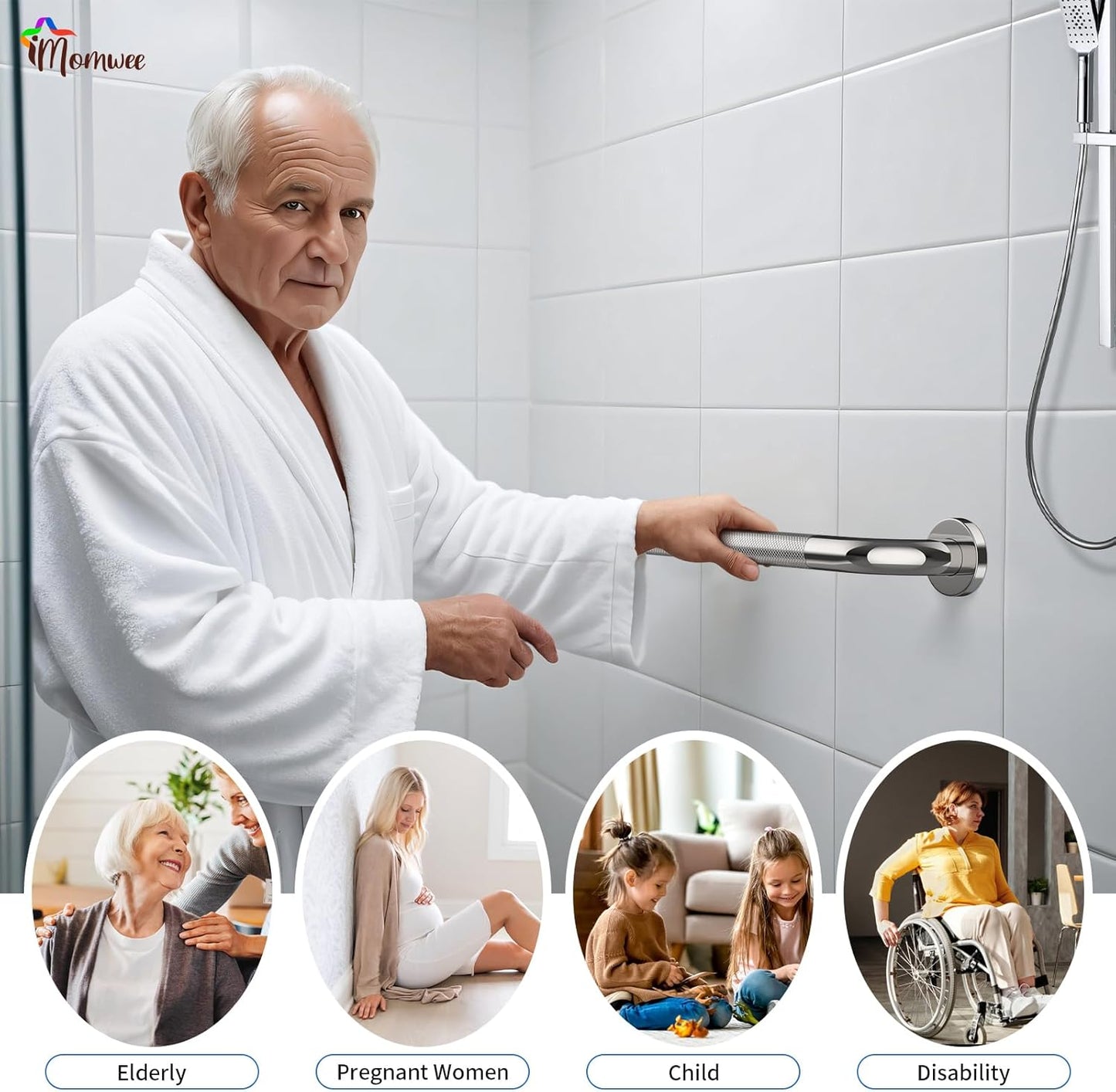 2 Pack 32 Inch Shower Grab Bar with Anti-Slip Grip, iMomwee Chrome Stainless Steel Bathroom Grab Bar Handle, Shower Balance Bar, Safety Hand Rail Support, Handicap Elderly Senior Assist Bath Handle