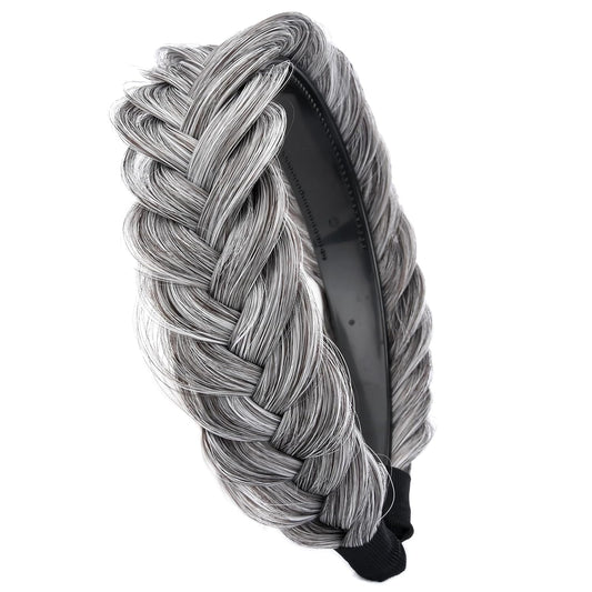 DIGUAN Wide Messy Braided Headband With Teeth Synthetic Hair Plaited Headband High Elasticity Braids Chunky Fishtail Braided Hair Band Hairpiece for Girls Women Beauty Accessory (Salt Pepper)