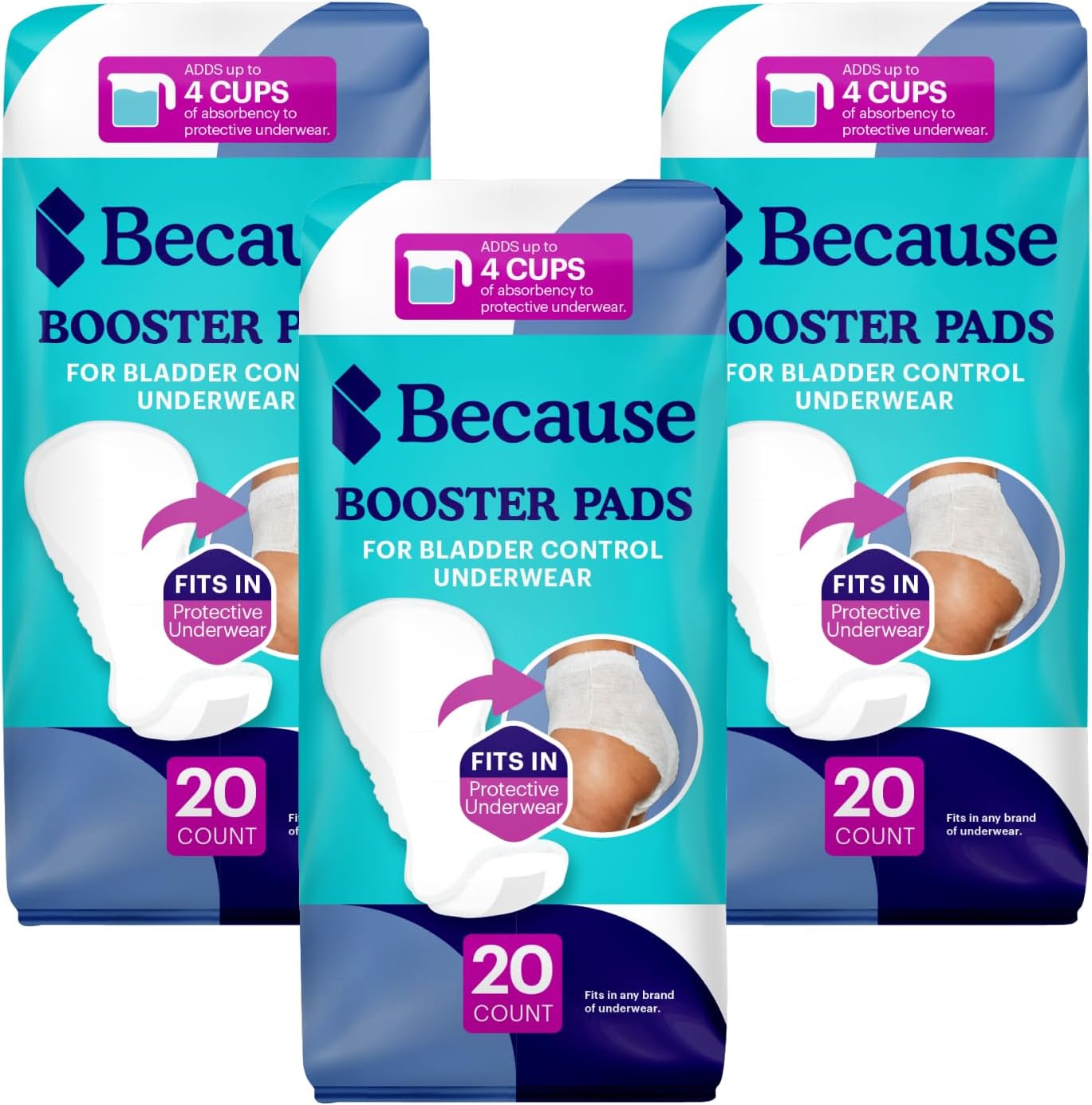 Because Premium Incontinence Booster Pads for Men and Women, Adds 4 Cups Extra Absorbency to Adult Diapers, Super Soft, Adhesive Strip Backing, Unisex, 60 Count (3 Packs of 20)