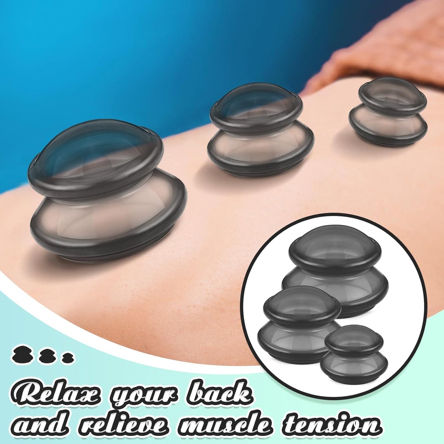 TrelaCo 6 Pcs Cupping Kit for Massage Therapy 3 Sizes Silicone Cupping Set Chinese Massage Therapy for Studio Household Cellulite Joint Pain Muscle Pain(Clear Black)