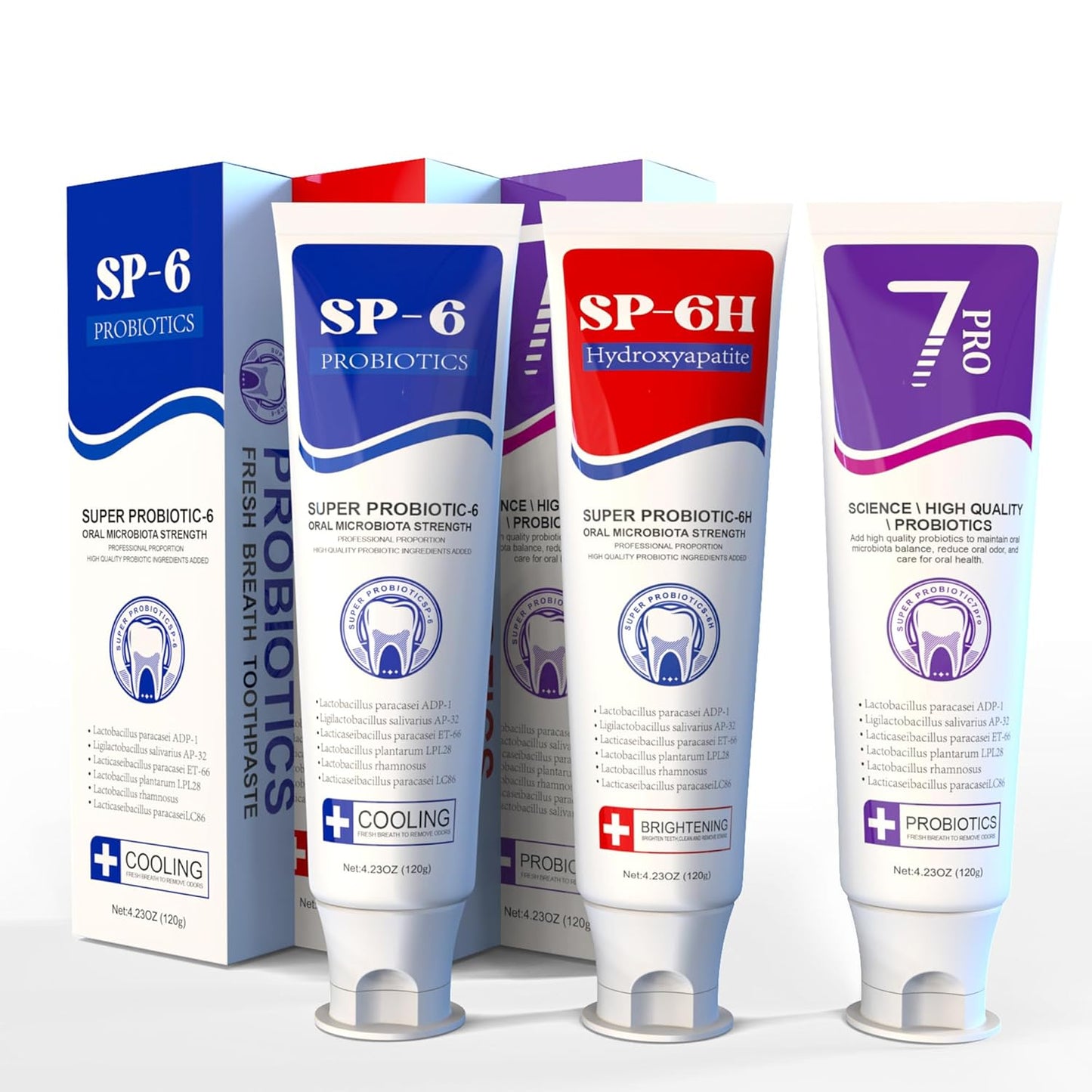 SP-6 Toothpaste Set, 6 Probiotics for Whitening & Cooling Fresh Breath, and 7- Pro Intense Whitening, Fluoride-Free, Safe for Enamel, Deep Brigthtening & Freshness 3 in1 Set