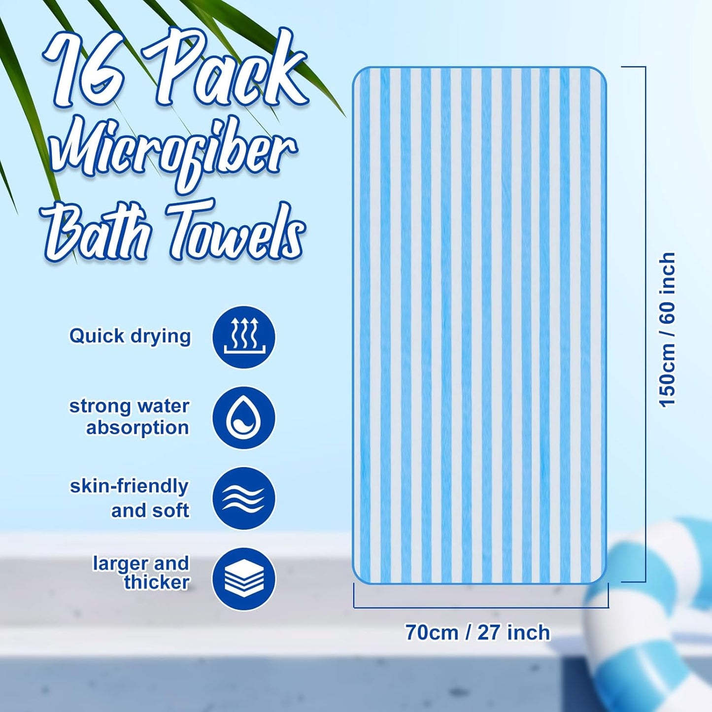 16 Pack Microfiber Bath Towels Bulk 27'' x 60'' Oversized Size Bath Towel Highly Absorbent Extra Large Soft Drying for Shower Beach Salon Winter Sport Spa Gym (Stripes,Light Blue)