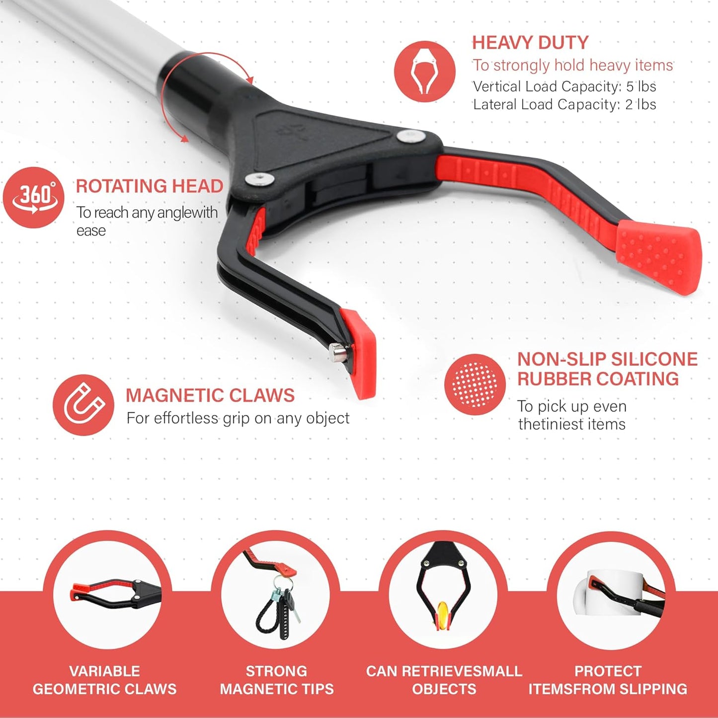 32 inch Foldable GrabRunner Reacher Grabber with Strong Magnetic Tip(Red)