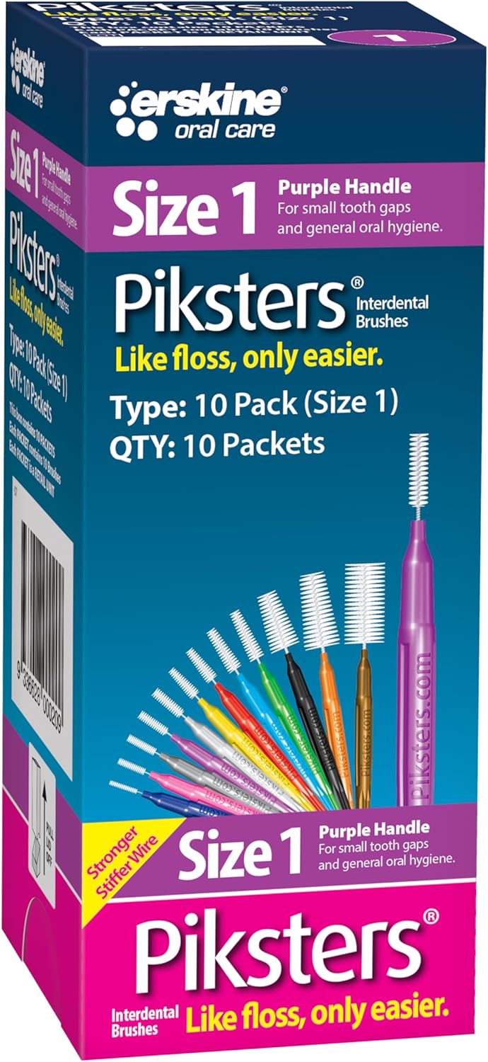 Piksters Interdental Brushes, Size 1,100 Count (10 x 10 Packs), Interdental Tooth Brush for Tight Gaps, Gum Soft Bristles for Plaque Removal, Safe for Braces (100 pk)