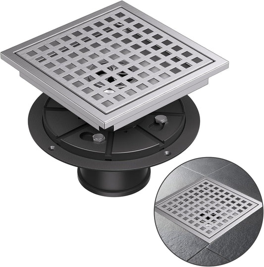 Square Shower Floor Drain with Flange, 4 Inch Brushed Nickel Shower Drain Hair Catcher, SUS304 Stainless Steel Floor Drain Strainer, Shower Drain Cover
