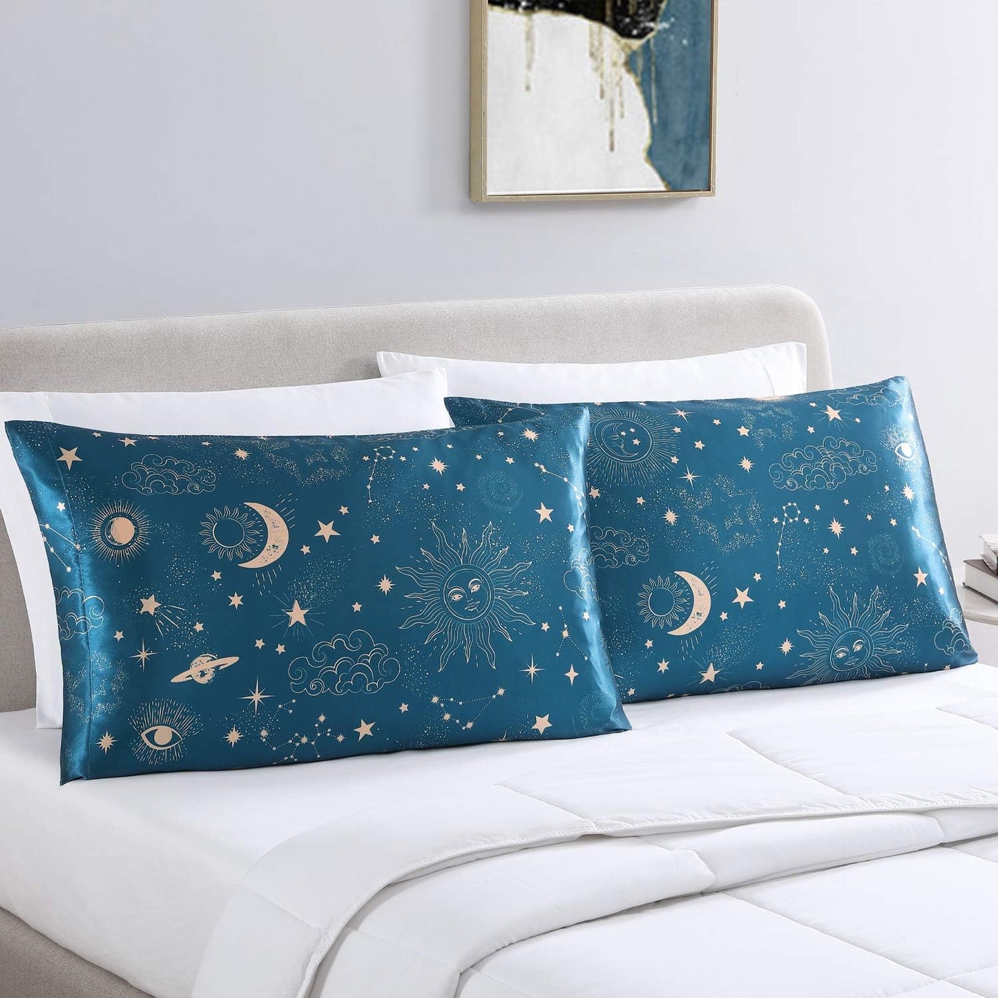 EXQ Home Satin Pillowcase for Hair and Skin, Soft Cooling Printed Pillow Cases King Size Set of 2 Satin Pillow Case with Envelope Closure（Sun,20x40 inches