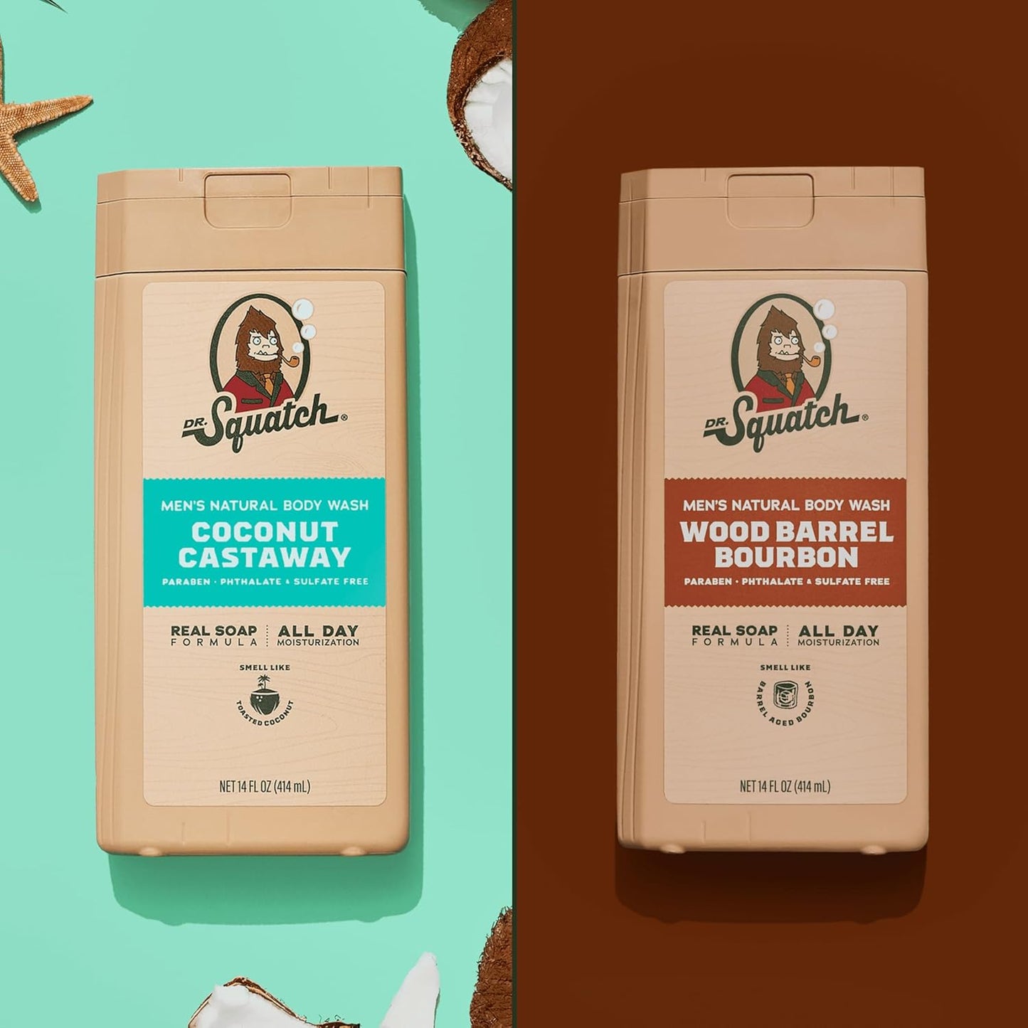 Dr. Squatch NEW Body Wash for Men with Nourishing, Natural Ingredients | No Paraben, Phthalate, Sulfate | All Day Moisture | Long Lasting Scent | Coconut Castaway & Wood Barrel Bourbon (14 oz, 2-Pack)